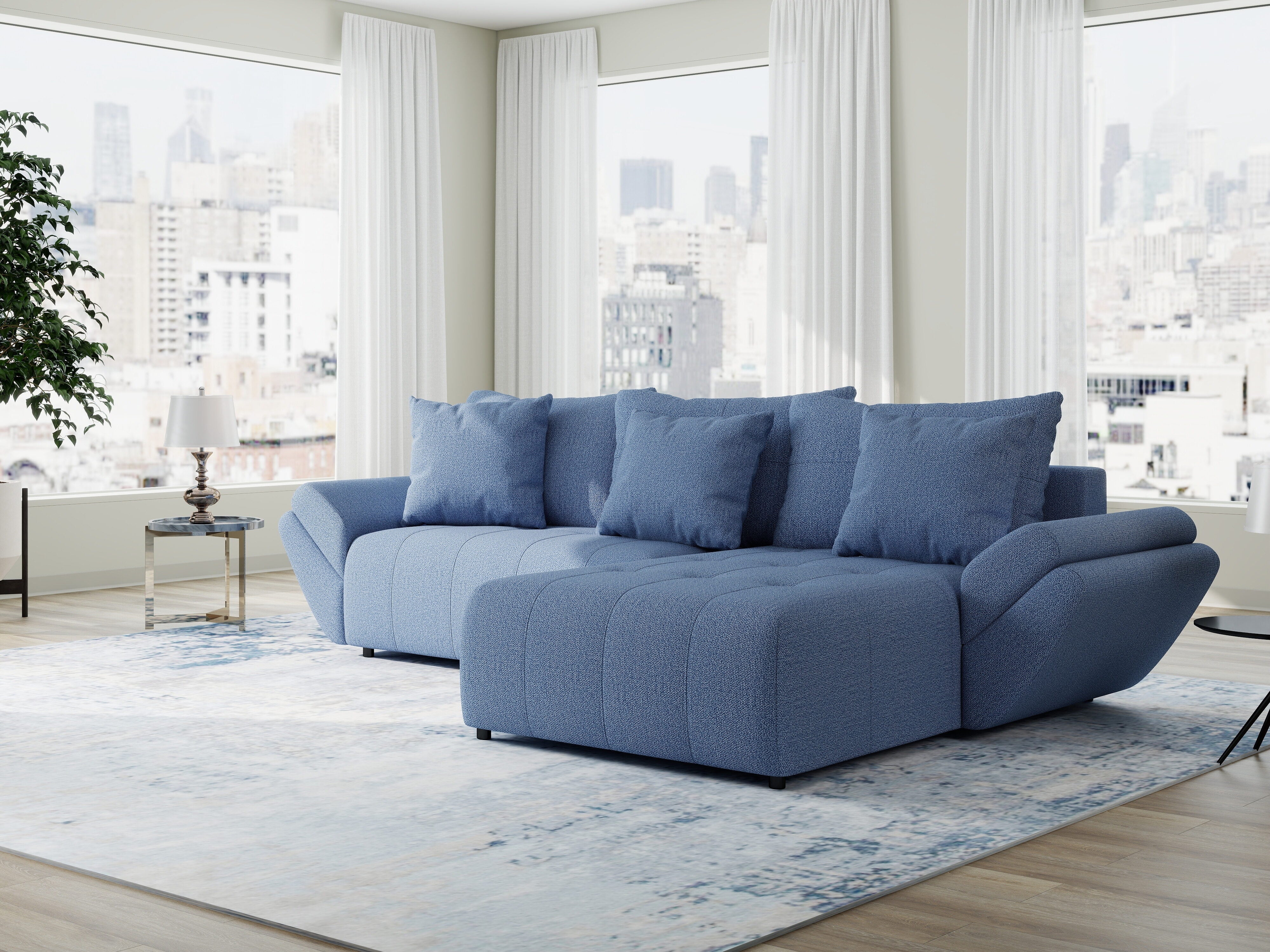 Colțar extensibil dumonde cu ladă de depozitare si sezut confortabil din spuma HR, Berlin Enjoy Albastru 280x185 cm II