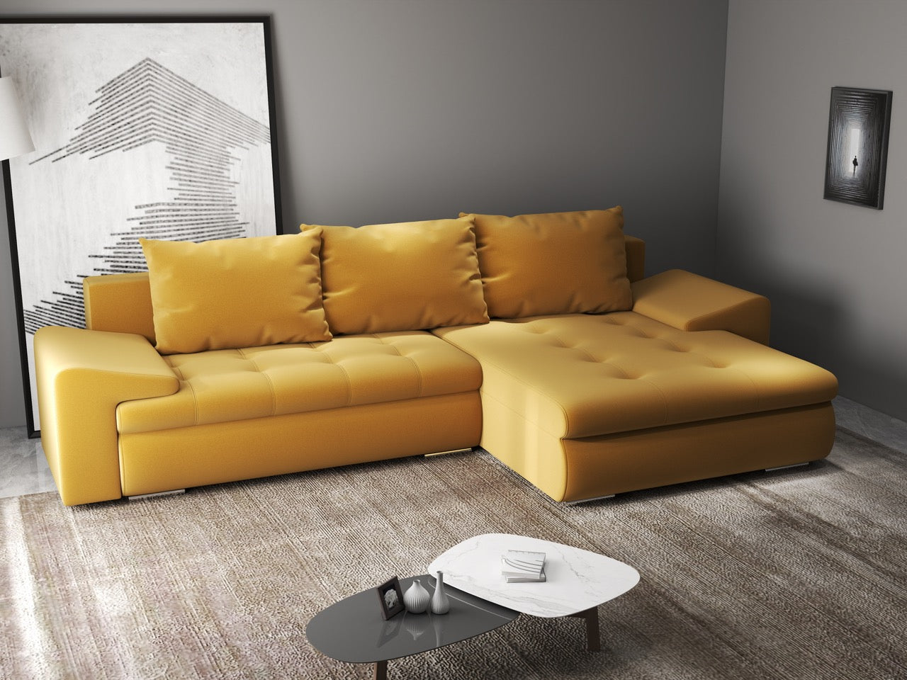 Colțar extensibil dumonde cu ladă de depozitare si sezut confortabil din spuma HR, Leonardo Royal Mustar 260x185 cm II Fabrica