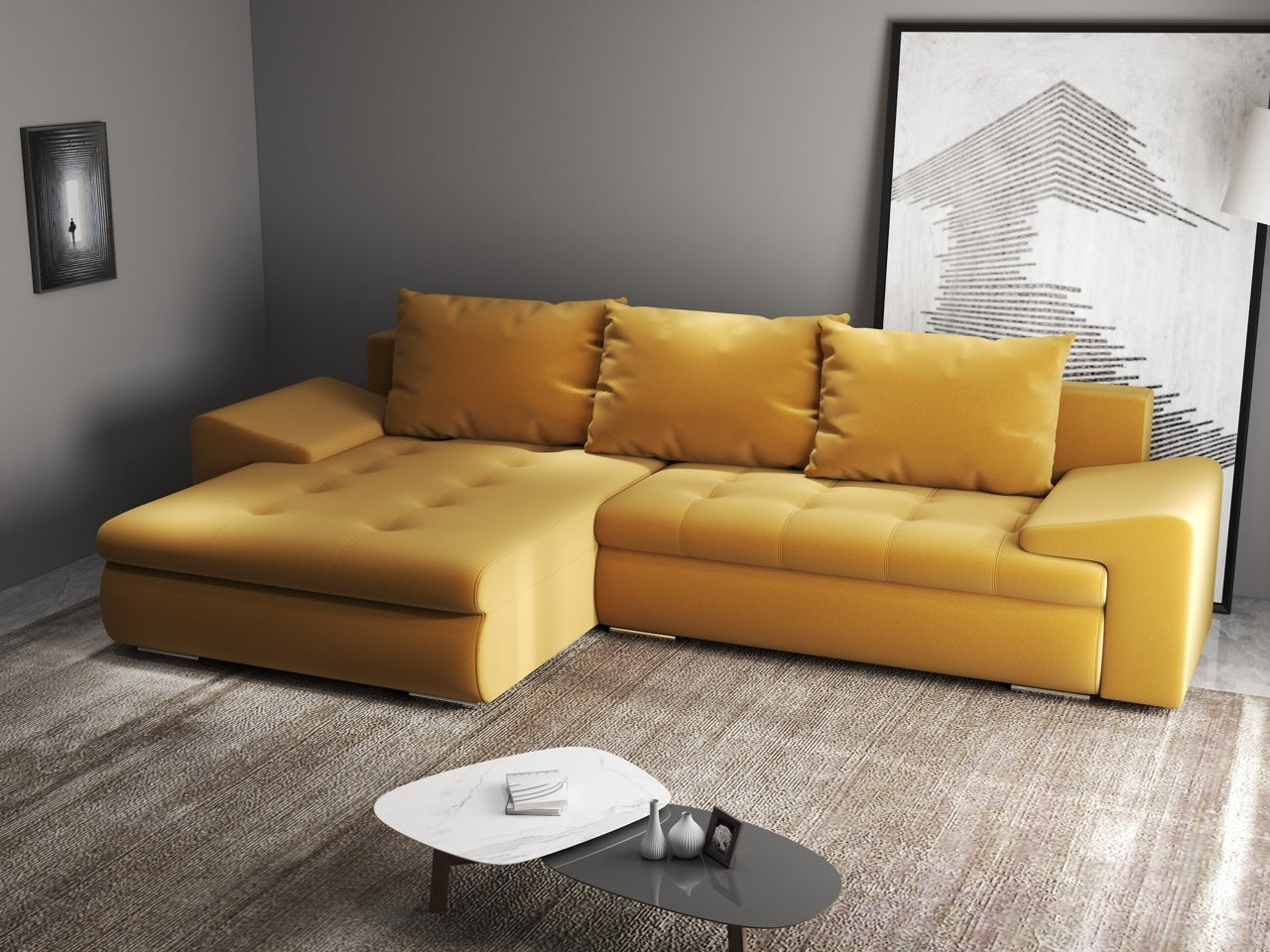 Colțar extensibil dumonde cu ladă de depozitare si sezut confortabil din spuma HR, Leonardo Royal Mustar 260x185 cm Fabrica