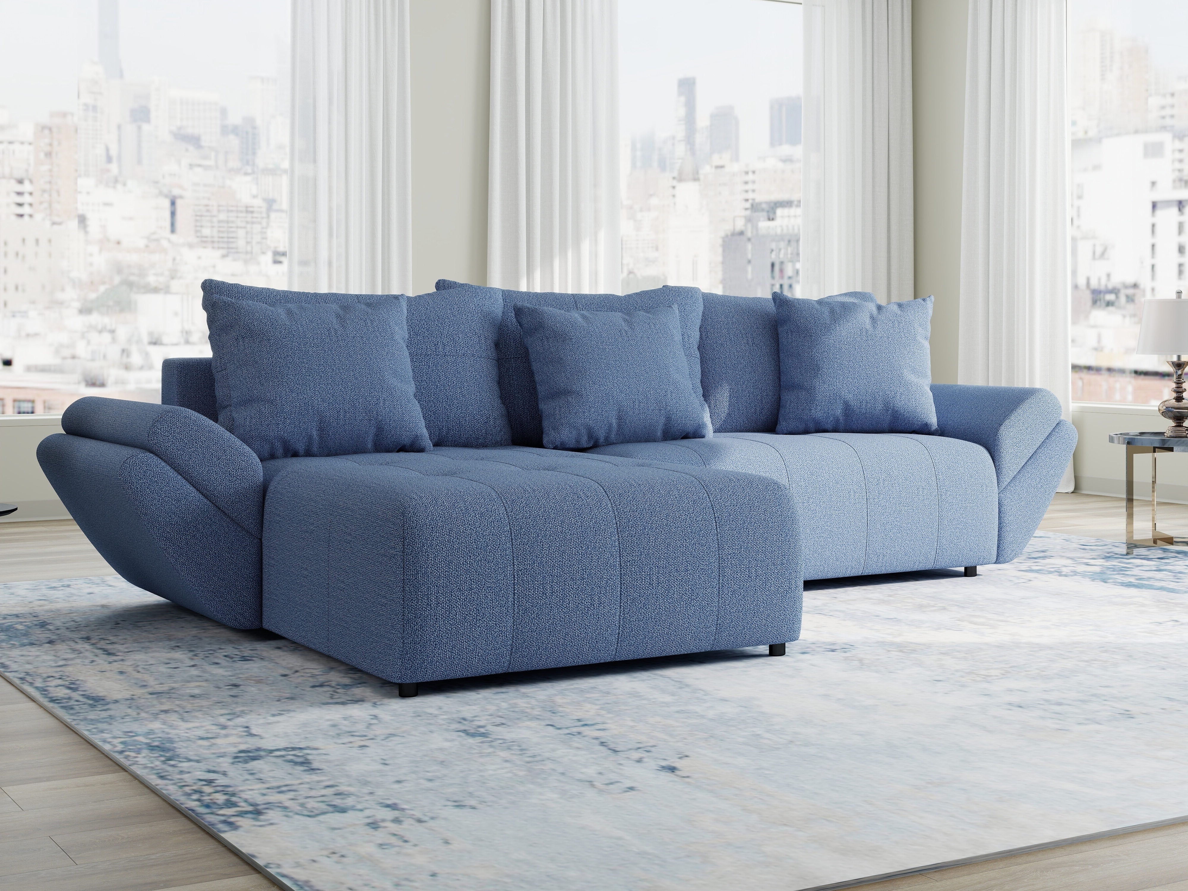 Colțar extensibil dumonde cu ladă de depozitare si sezut confortabil din spuma HR, Berlin Enjoy Albastru 280x185 cm