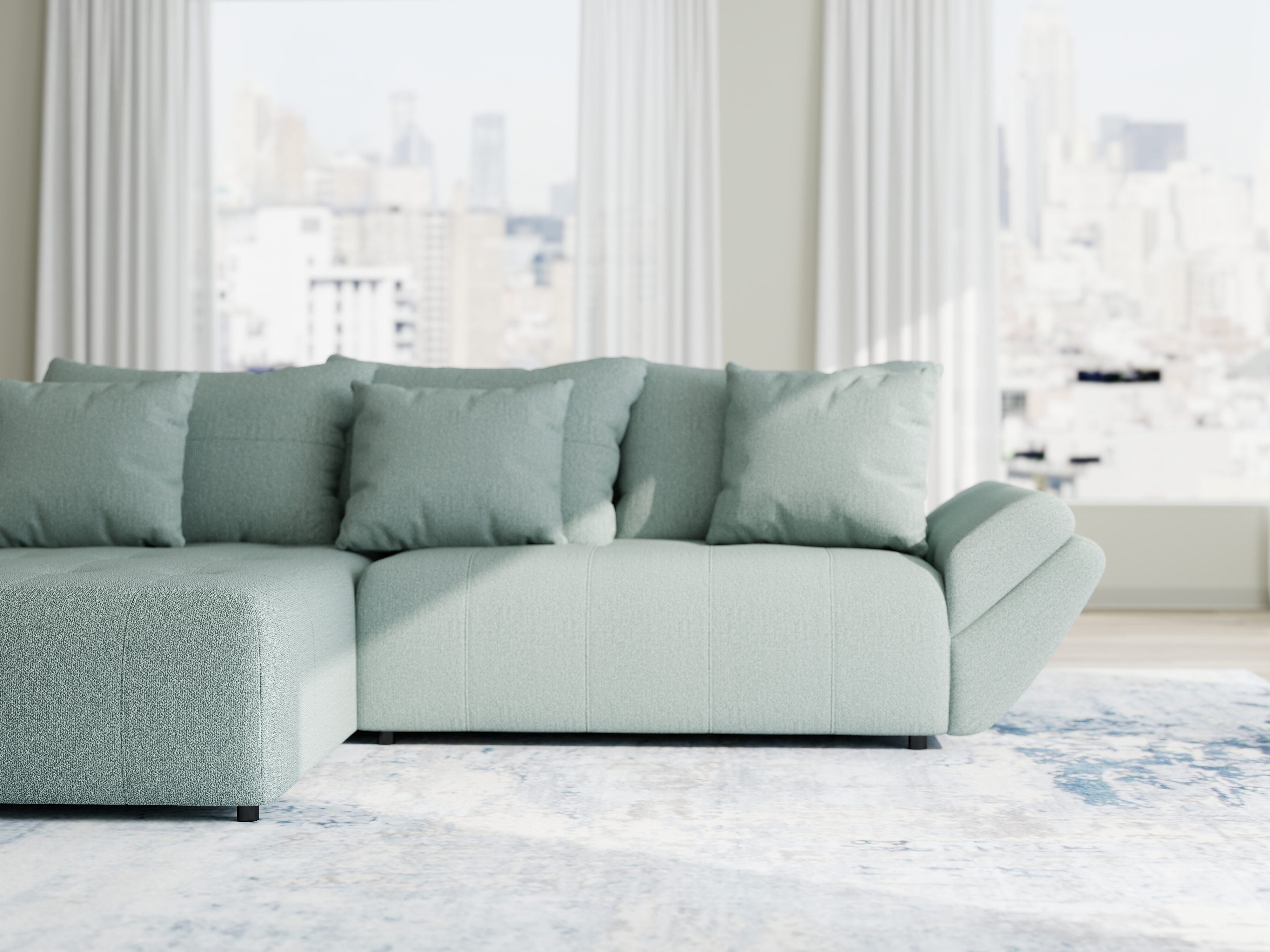 Colțar extensibil dumonde cu ladă de depozitare si sezut confortabil din spuma HR, Berlin Enjoy Verde Mint 280x185 cm