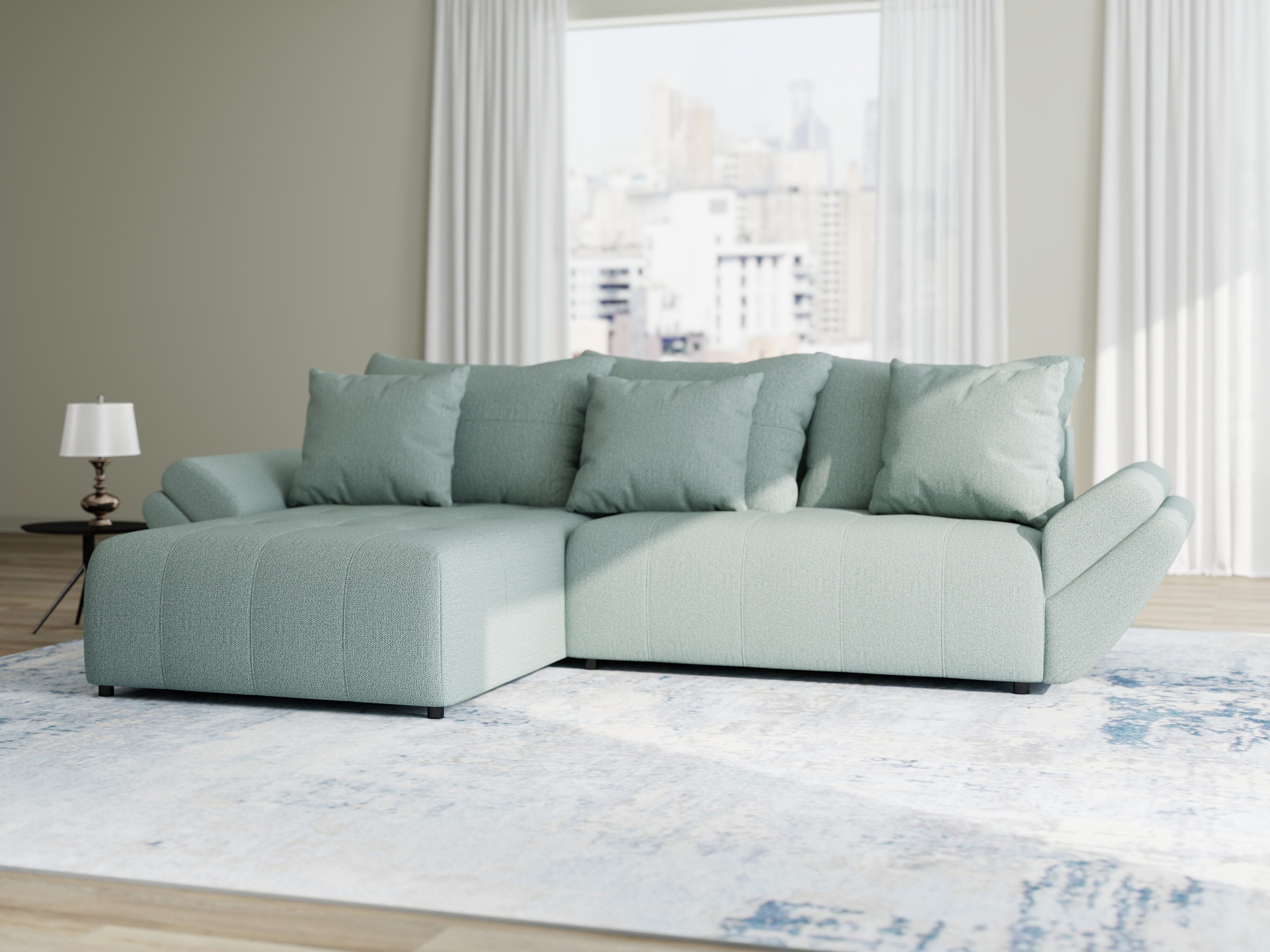 Colțar extensibil dumonde cu ladă de depozitare si sezut confortabil din spuma HR, Berlin Enjoy Verde Mint 280x185 cm