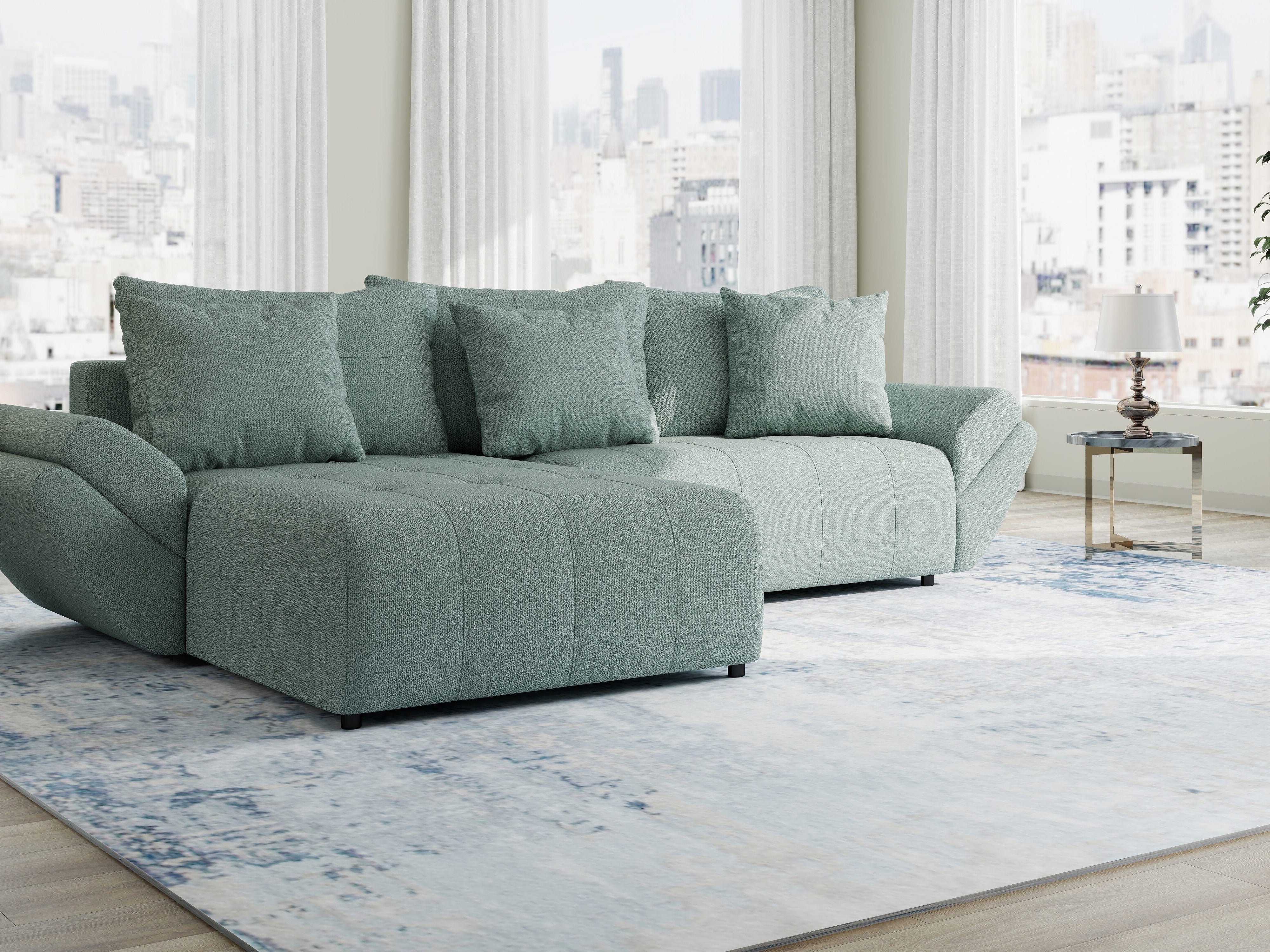 Colțar extensibil dumonde cu ladă de depozitare si sezut confortabil din spuma HR, Berlin Enjoy Verde Mint 280x185 cm