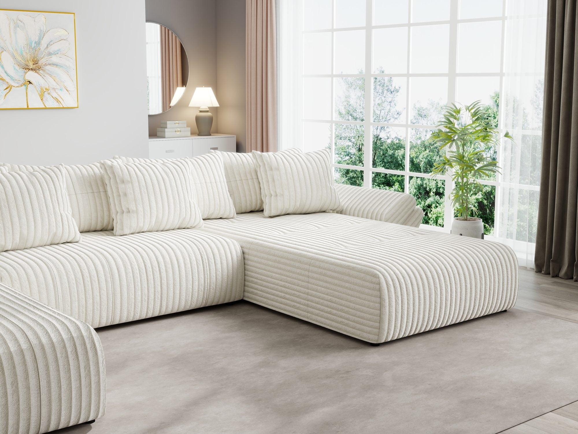 Colțar extensibil dumonde cu ladă de depozitare si sezut confortabil din spuma high-density, Berlin U Tilia Bej 01 380x180 cm