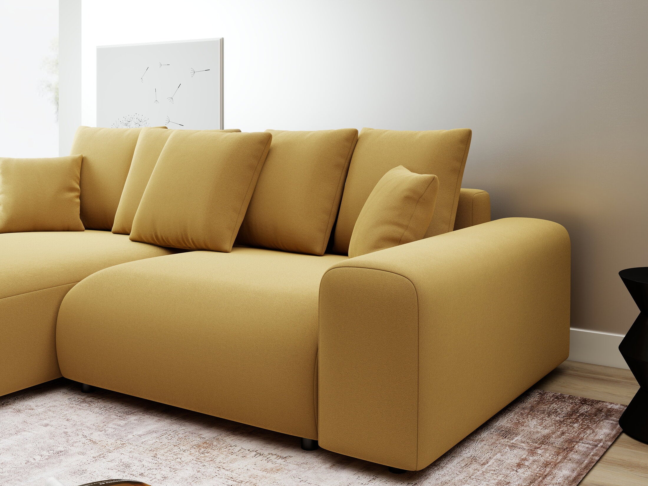 Colțar extensibil dumonde cu ladă de depozitare și șezut confortabil din spumă HR, Luma Royal Mustar 255x168 cm