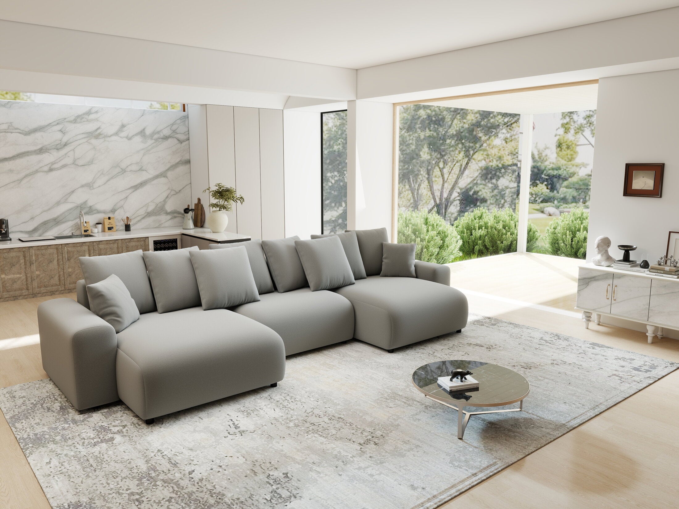 Colțar extensibil dumonde cu ladă de depozitare si sezut confortabil din spuma HR, Luma U Royal Gri 336x140 cm