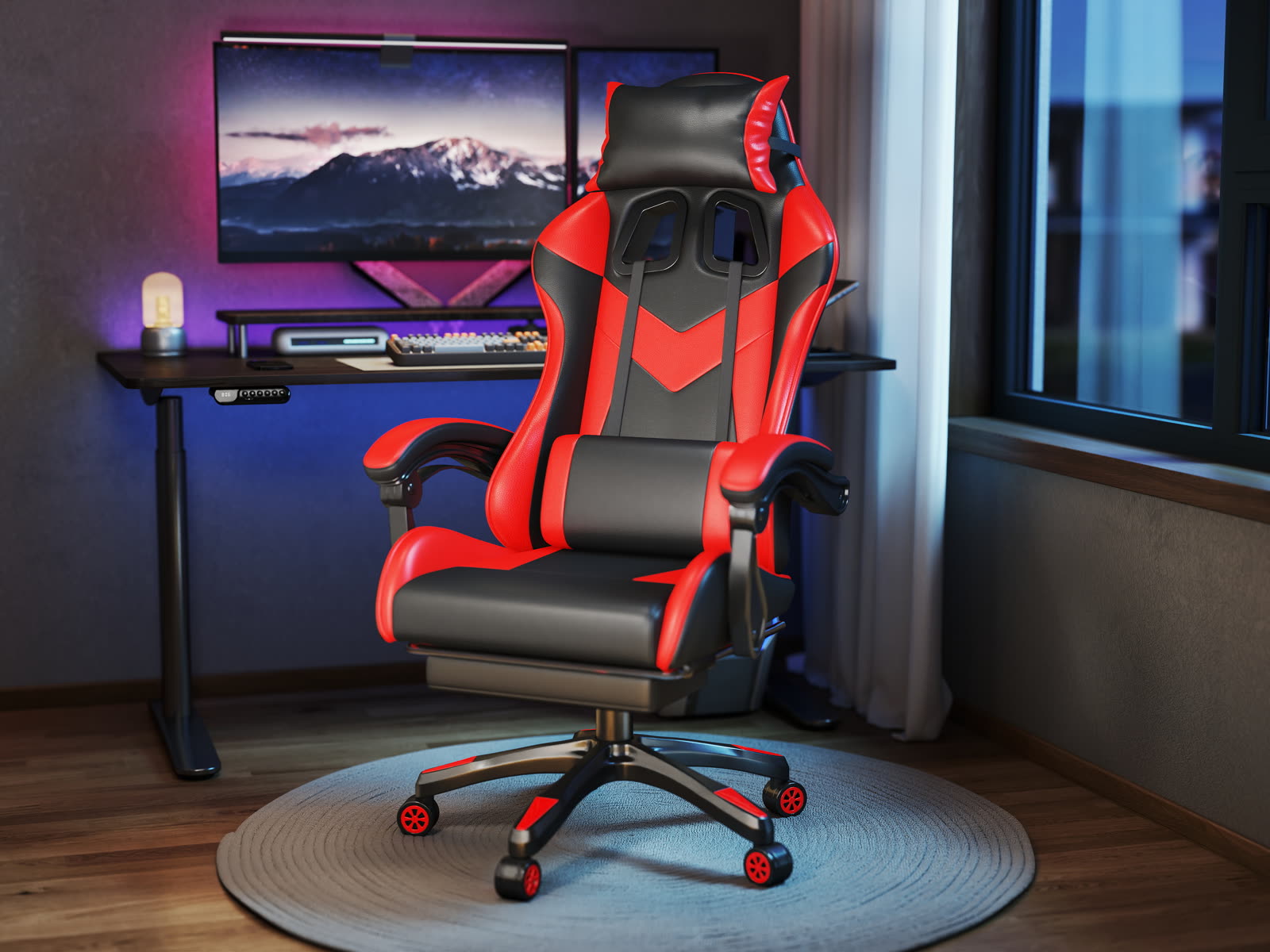 Scaun gaming Dumonde EXODUS, mecanism multifuncțional, ecopiele, suport picioare, rosu/negru