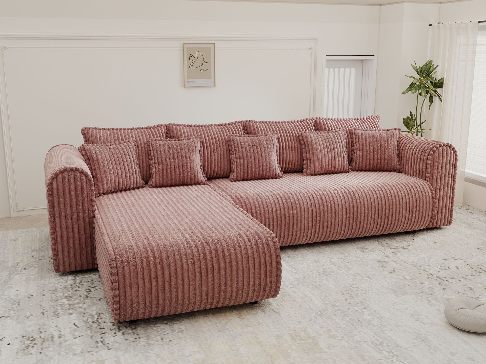 Colțar extensibil dumonde cu ladă de depozitare si sezut confortabil din spuma high-density, Monaco XL Tilia Roz 340x185 cm