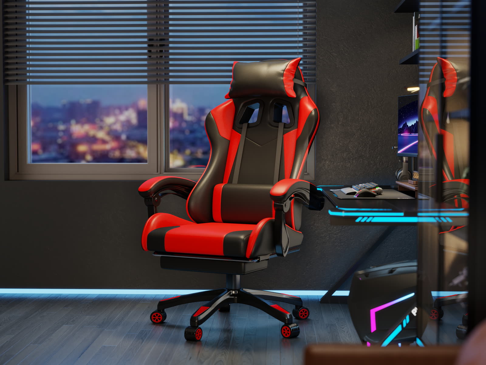 Scaun gaming Dumonde KRAKEN, mecanism multifuncțional, ecopiele, suport picioare, rosu/negru