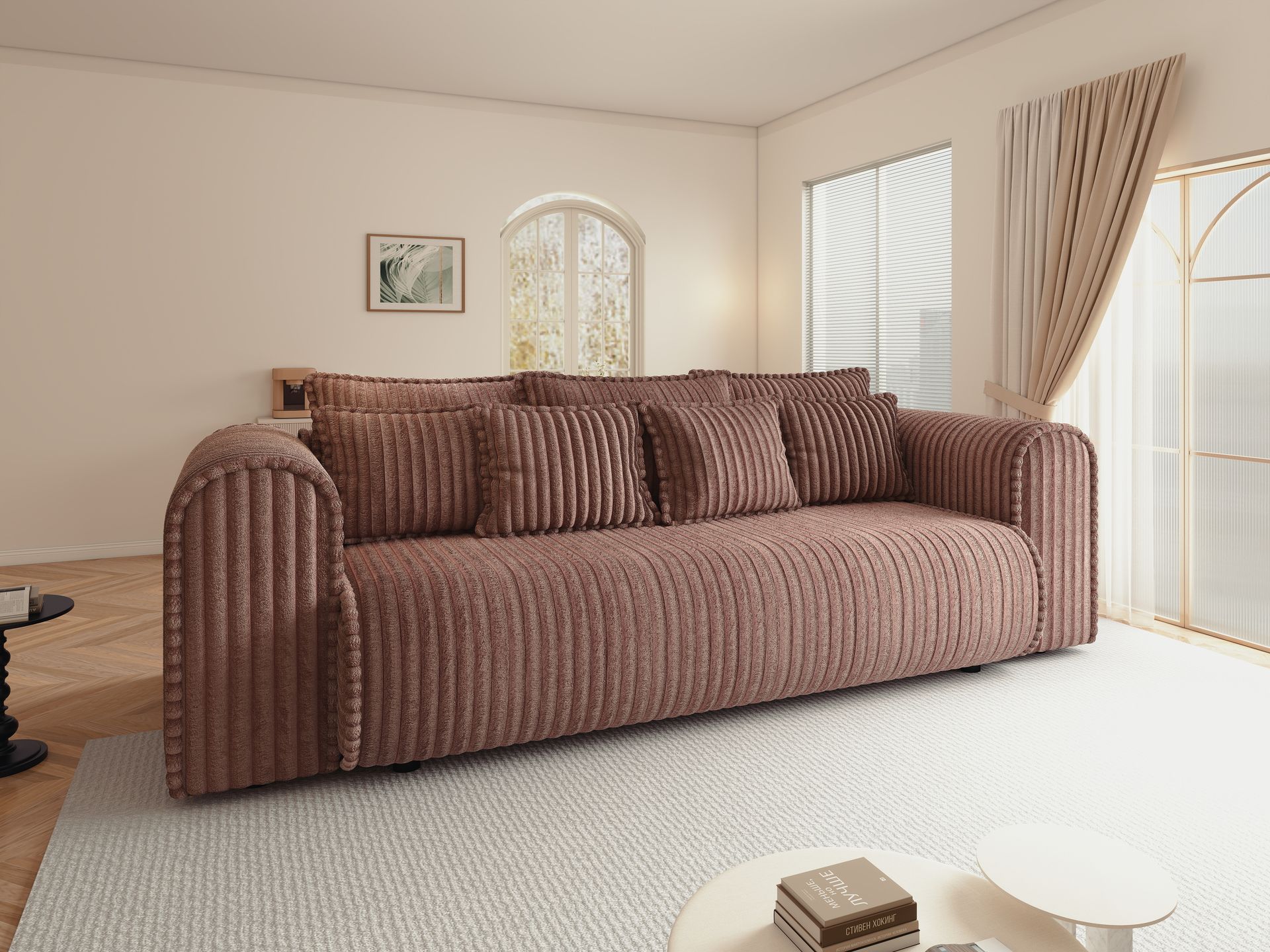 Canapea extensibilă dumonde cu ladă de depozitare si sezut confortabil din spuma high-density, Monaco Mica Tilia Roz 240x100 cm