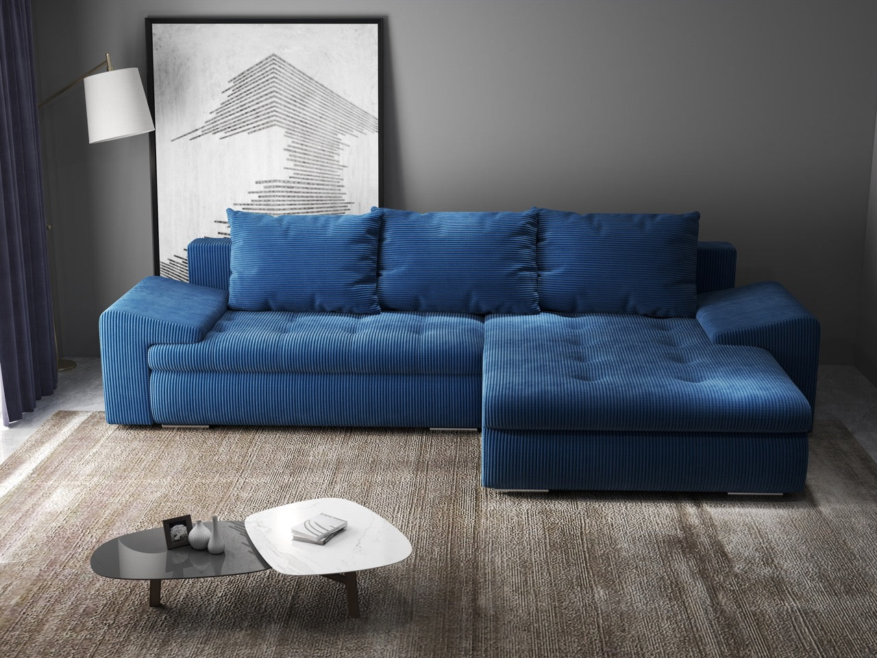 Colțar extensibil dumonde cu ladă de depozitare si sezut confortabil din spuma HR, Leonardo Zoom Albastru 260x185 cm II Fabrica