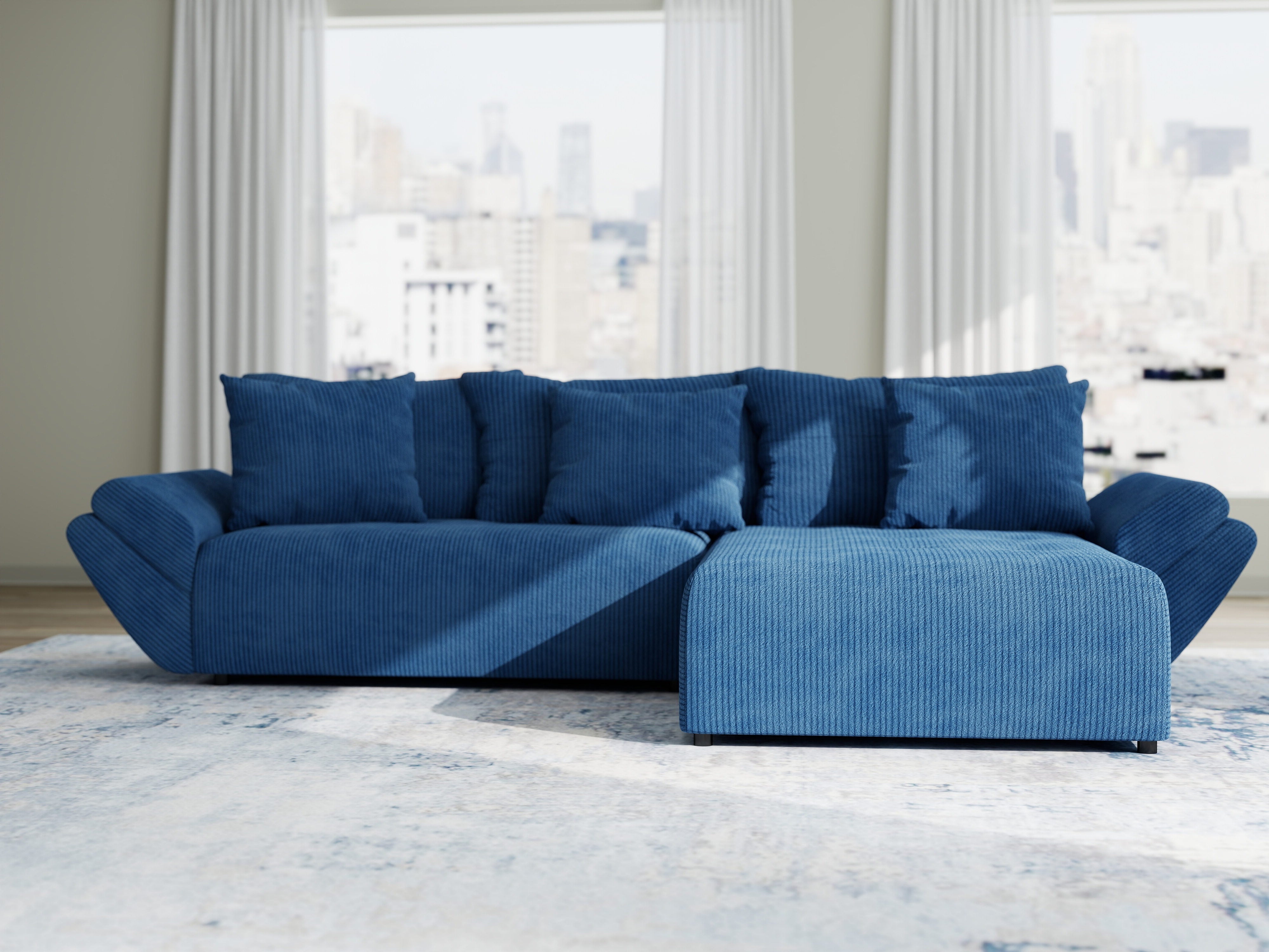 Colțar extensibil dumonde cu ladă de depozitare si sezut confortabil din spuma HR, Berlin Zoom Albastru 280x185 cm II