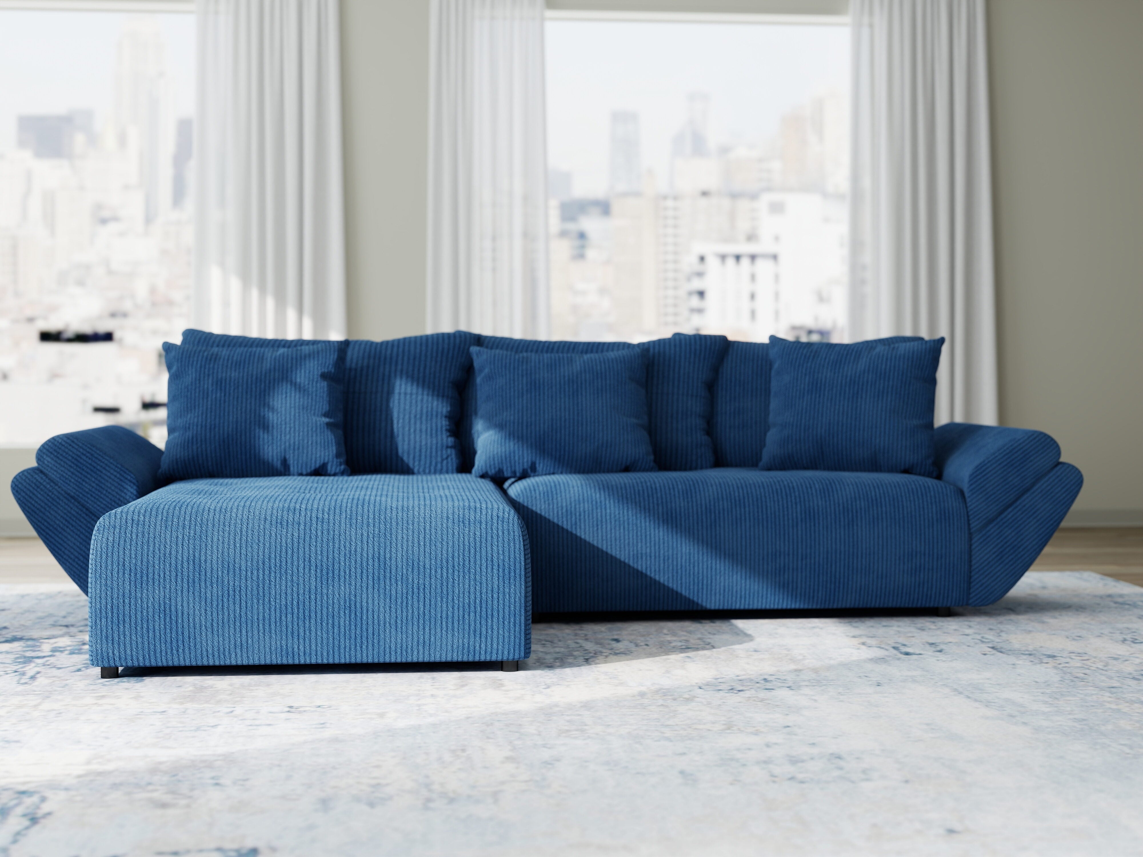 Colțar extensibil dumonde cu ladă de depozitare si sezut confortabil din spuma HR, Berlin Zoom Albastru 280x185 cm