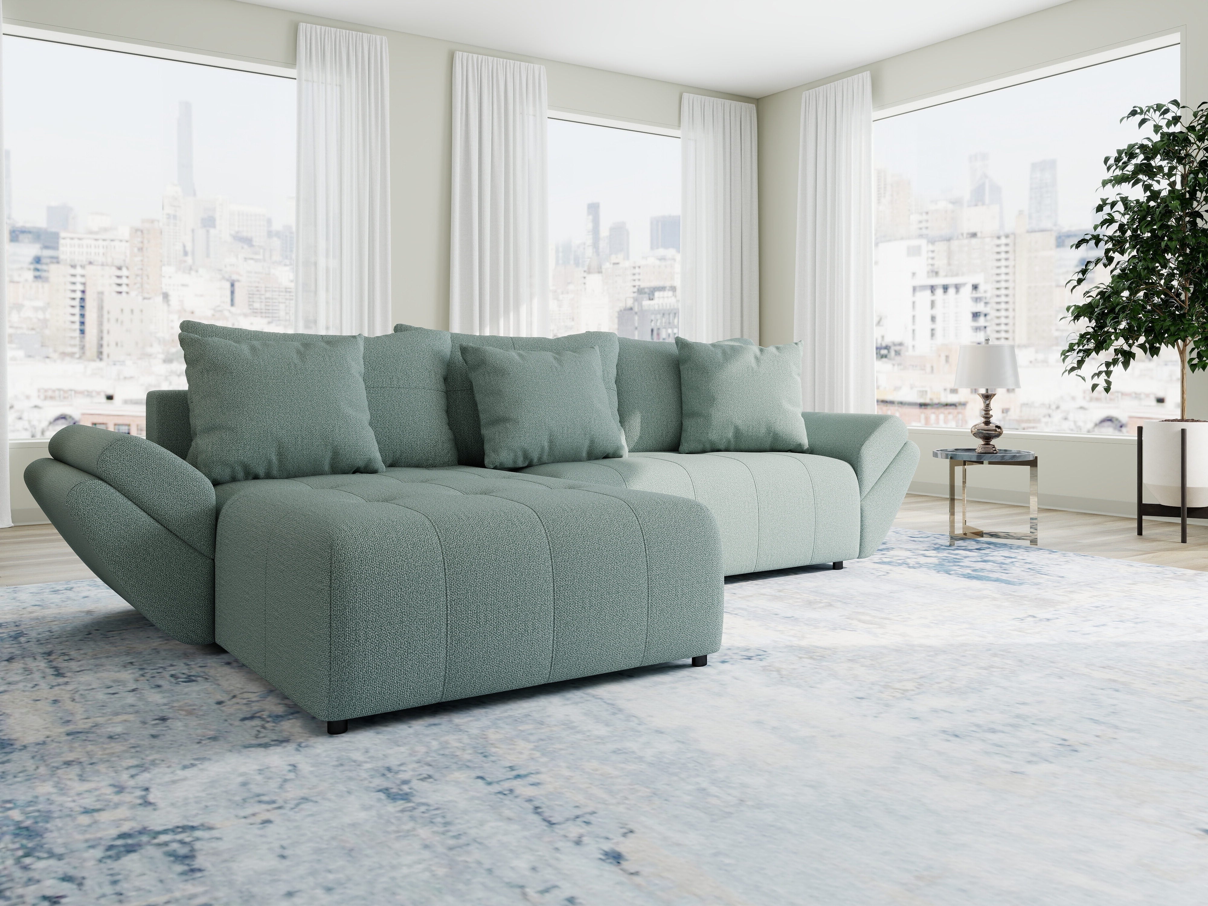 Colțar extensibil dumonde cu ladă de depozitare si sezut confortabil din spuma HR, Berlin Enjoy Verde Mint 280x185 cm