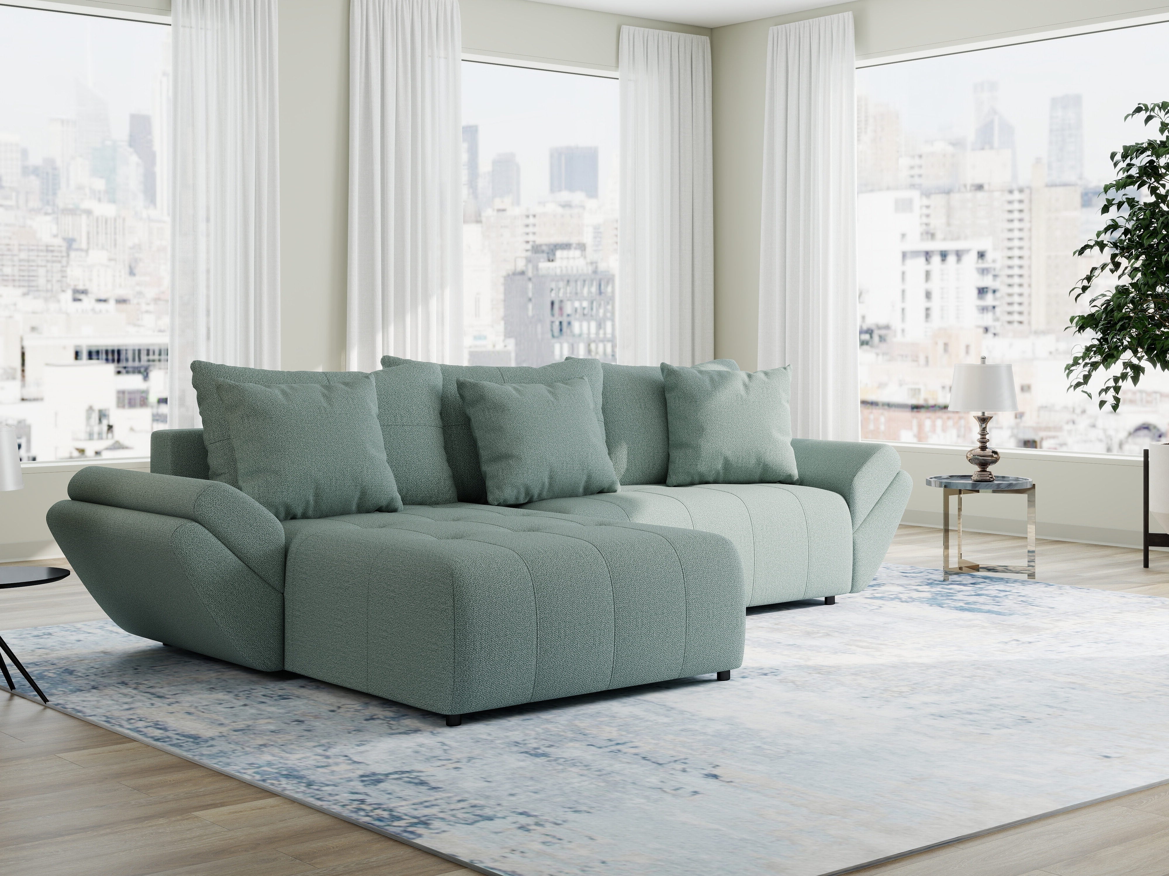 Colțar extensibil dumonde cu ladă de depozitare si sezut confortabil din spuma HR, Berlin Enjoy Verde Mint 280x185 cm