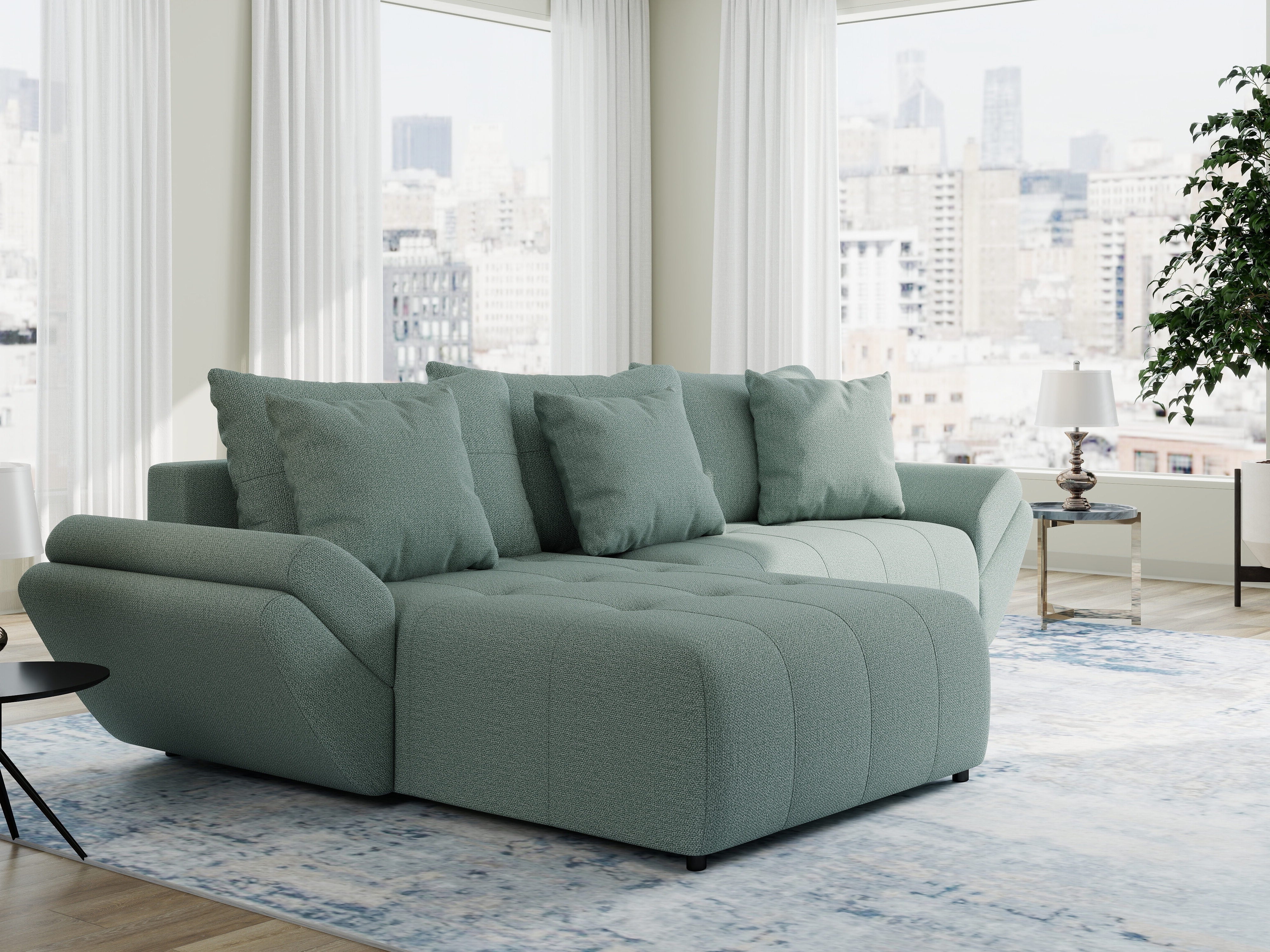 Colțar extensibil dumonde cu ladă de depozitare si sezut confortabil din spuma HR, Berlin Enjoy Verde Mint 280x185 cm