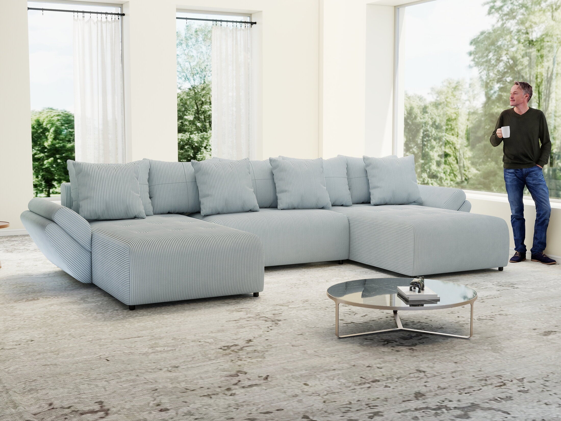 Colțar extensibil dumonde cu ladă de depozitare si sezut confortabil din spuma HR, Berlin U Zoom GREY 380x180 cm