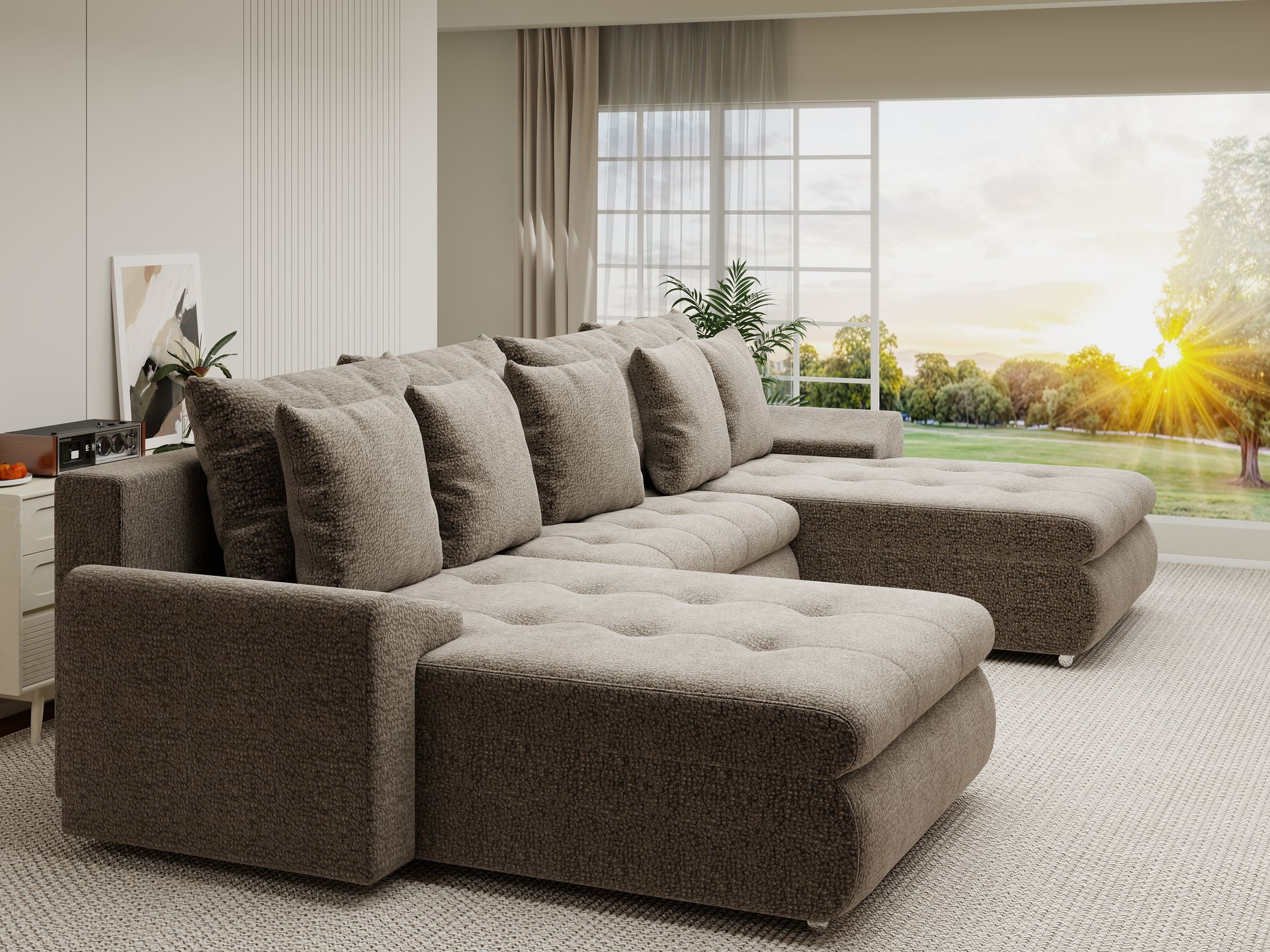 Colțar extensibil dumonde cu ladă de depozitare si sezut confortabil din spuma high-density, Leonardo U Jaguar Maro Cappuccino 08 360x185 cm
