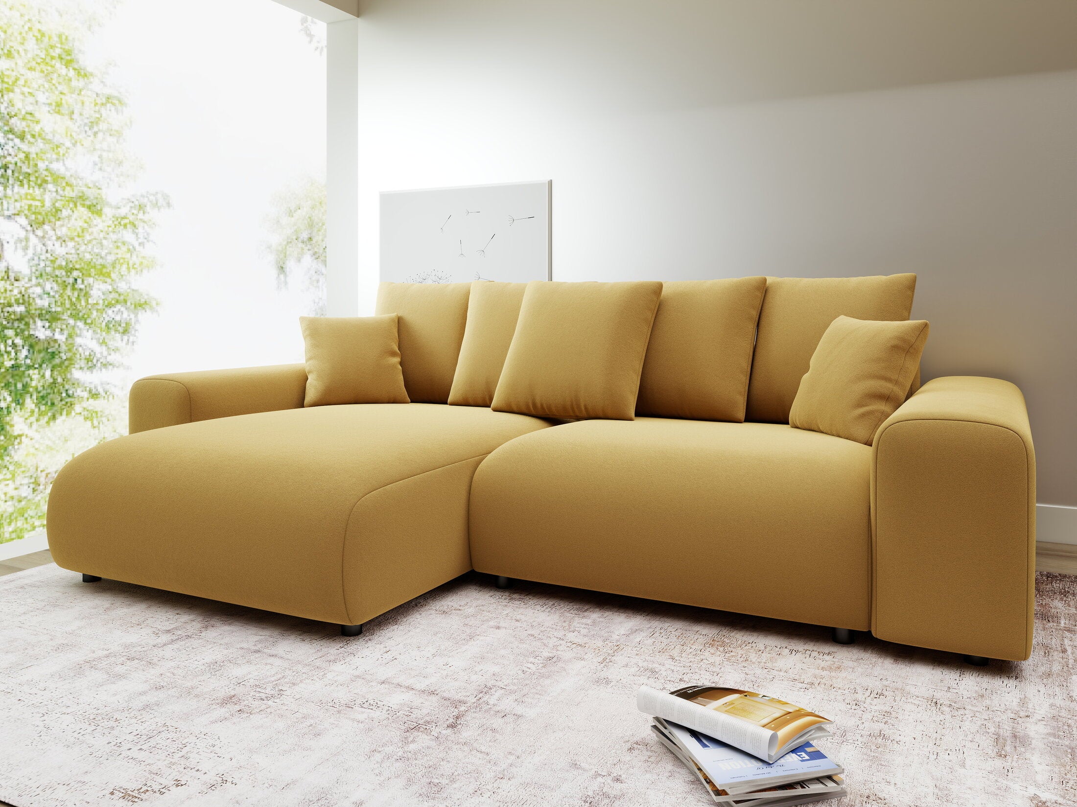 Colțar extensibil dumonde cu ladă de depozitare și șezut confortabil din spumă HR, Luma Royal Mustar 255x168 cm