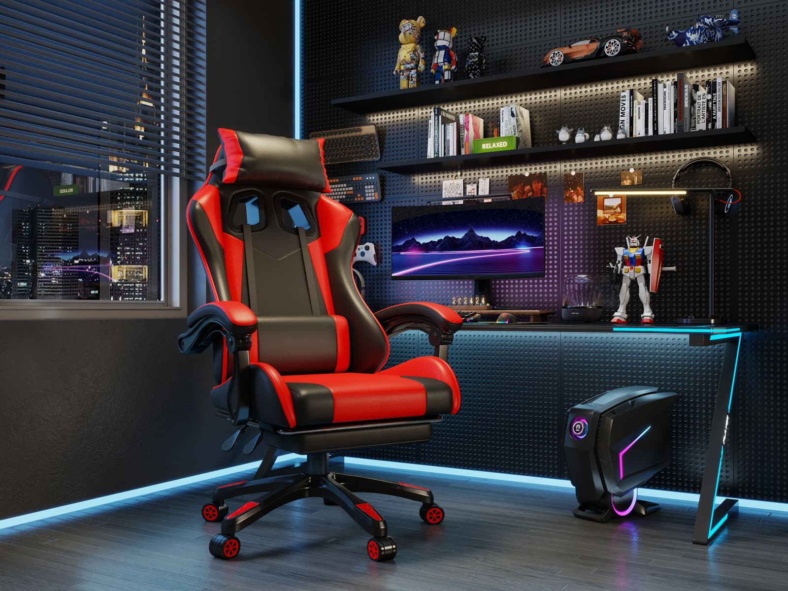 Scaun gaming Dumonde KRAKEN, mecanism multifuncțional, ecopiele, suport picioare, rosu/negru