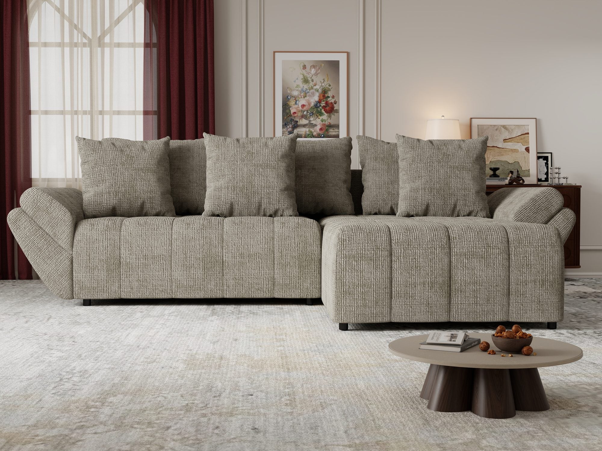 Colțar extensibil dumonde cu ladă de depozitare si sezut confortabil din spuma high-density, Berlin Cremona Bej 14 II 280x185 cm