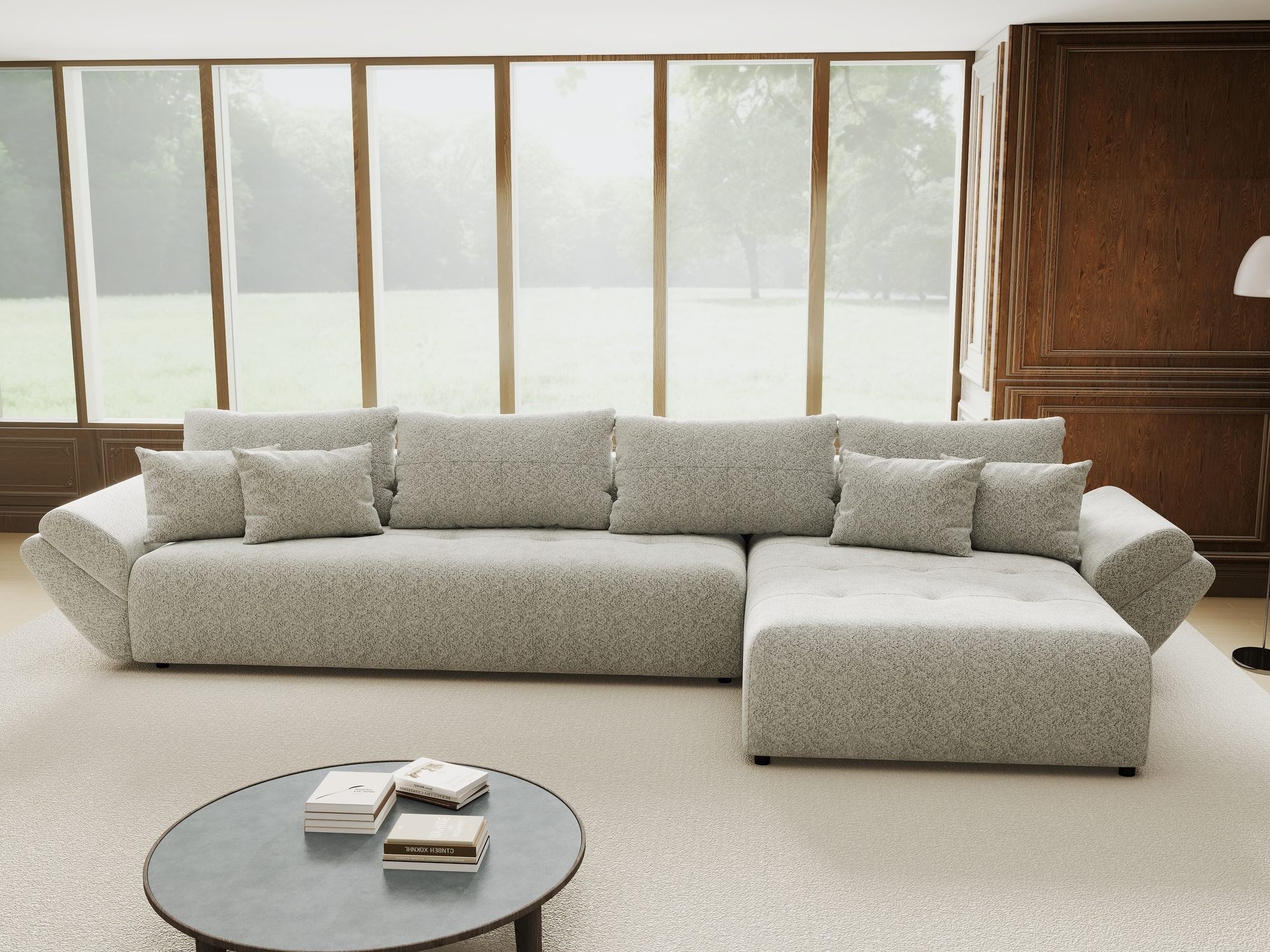 Colțar extensibil dumonde cu ladă de depozitare si sezut confortabil din spuma high-density, Berlin XL Arena Gri 15 II 350x185 cm