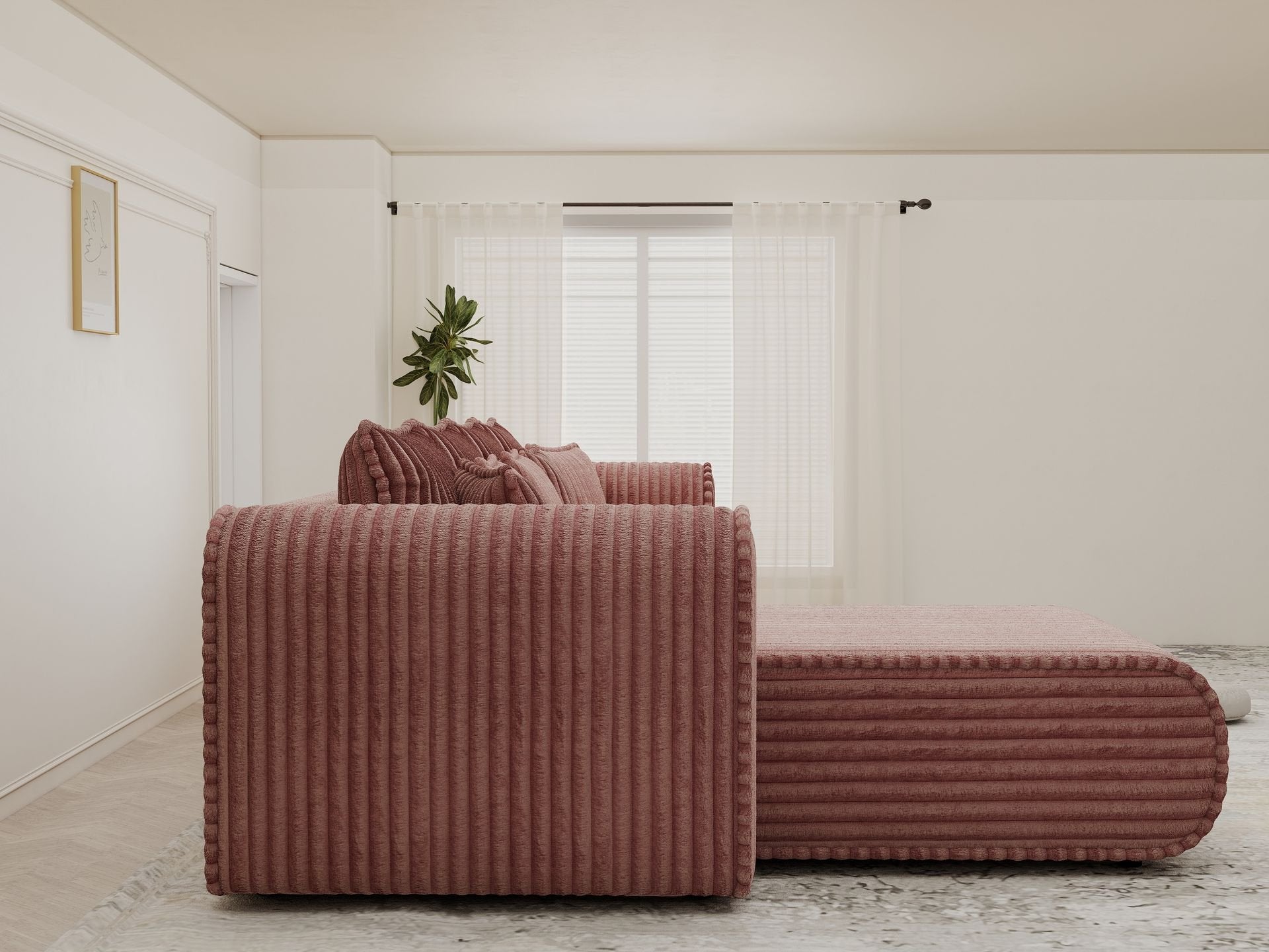 Colțar extensibil dumonde cu ladă de depozitare si sezut confortabil din spuma high-density, Monaco XL Tilia Roz 340x185 cm