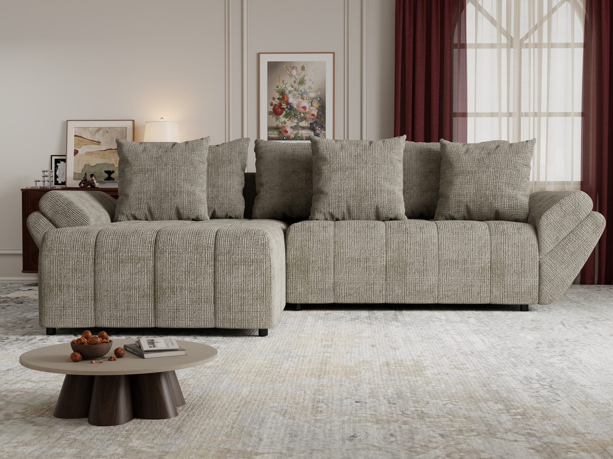 Colțar extensibil dumonde cu ladă de depozitare si sezut confortabil din spuma high-density, Berlin Cremona Bej 14 280x185 cm