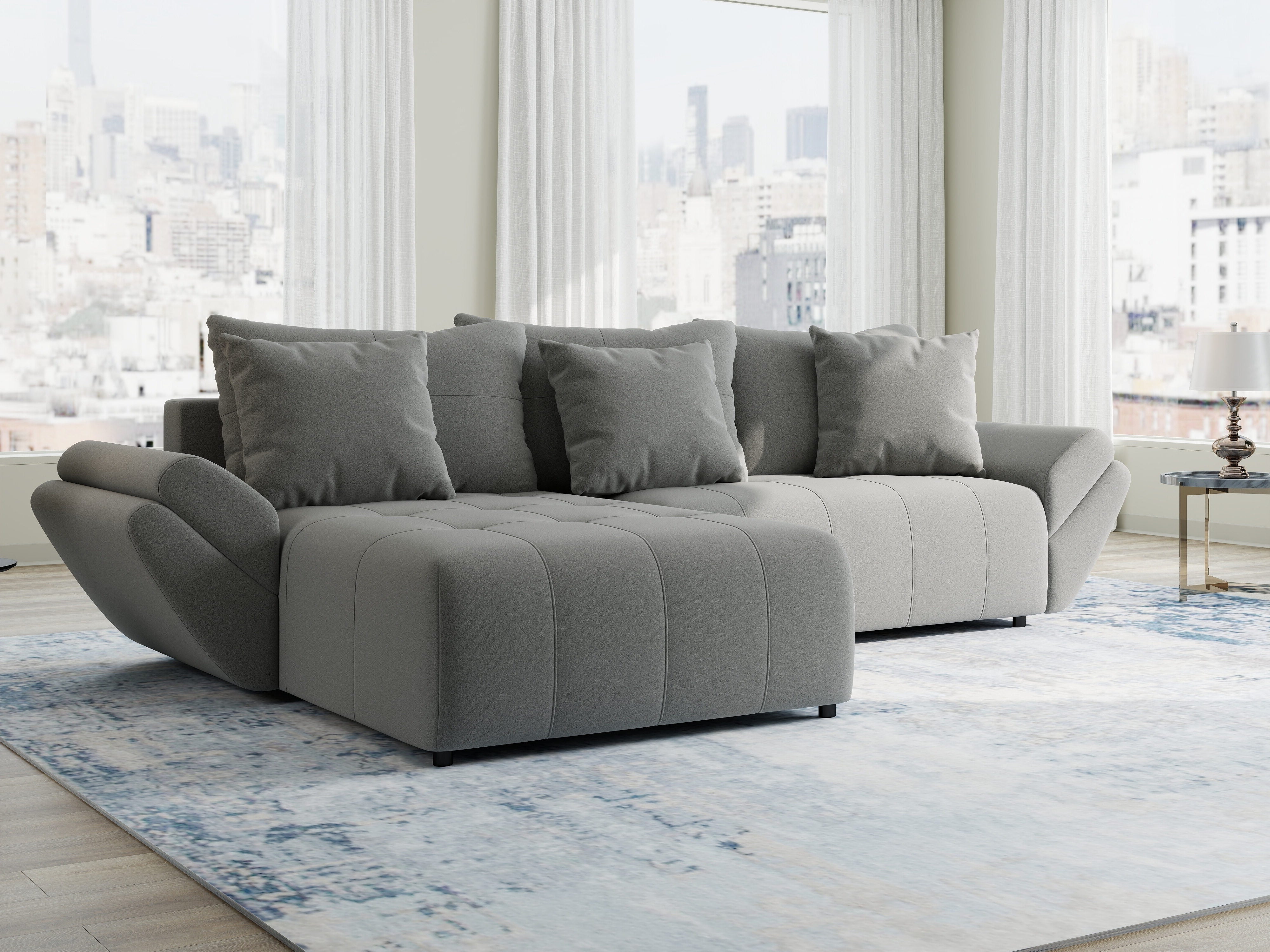 Colțar extensibil dumonde cu ladă de depozitare si sezut confortabil din spuma HR, Berlin Royal Gri 280x185 cm