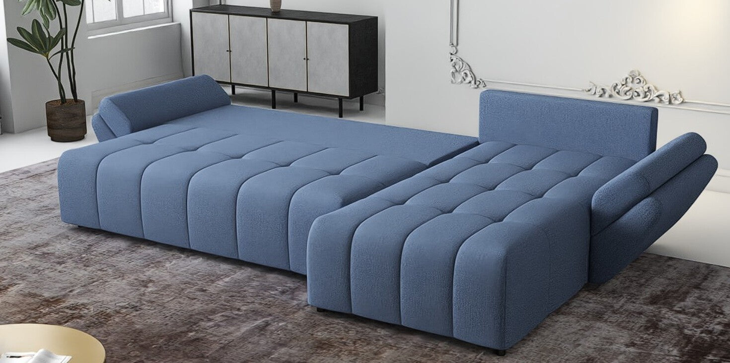 Colțar extensibil dumonde cu ladă de depozitare si sezut confortabil din spuma HR, Berlin XL Enjoy Blue 350x185 cm II Fabrica