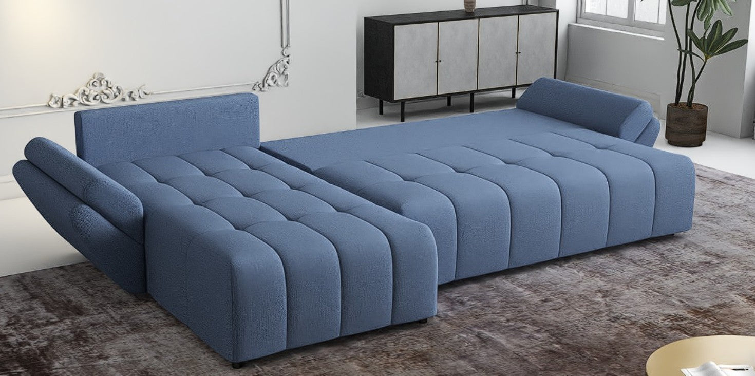 Colțar extensibil dumonde cu ladă de depozitare si sezut confortabil din spuma HR, Berlin XL Enjoy Blue 350x185 cm Fabrica
