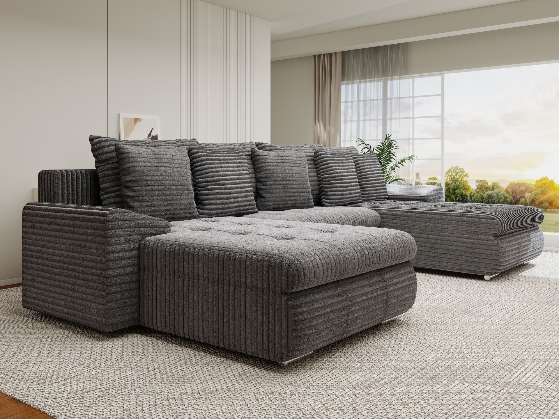Colțar extensibil dumonde cu ladă de depozitare si sezut confortabil din spuma high-density, Leonardo U Tilia Gri 90 360x185 cm