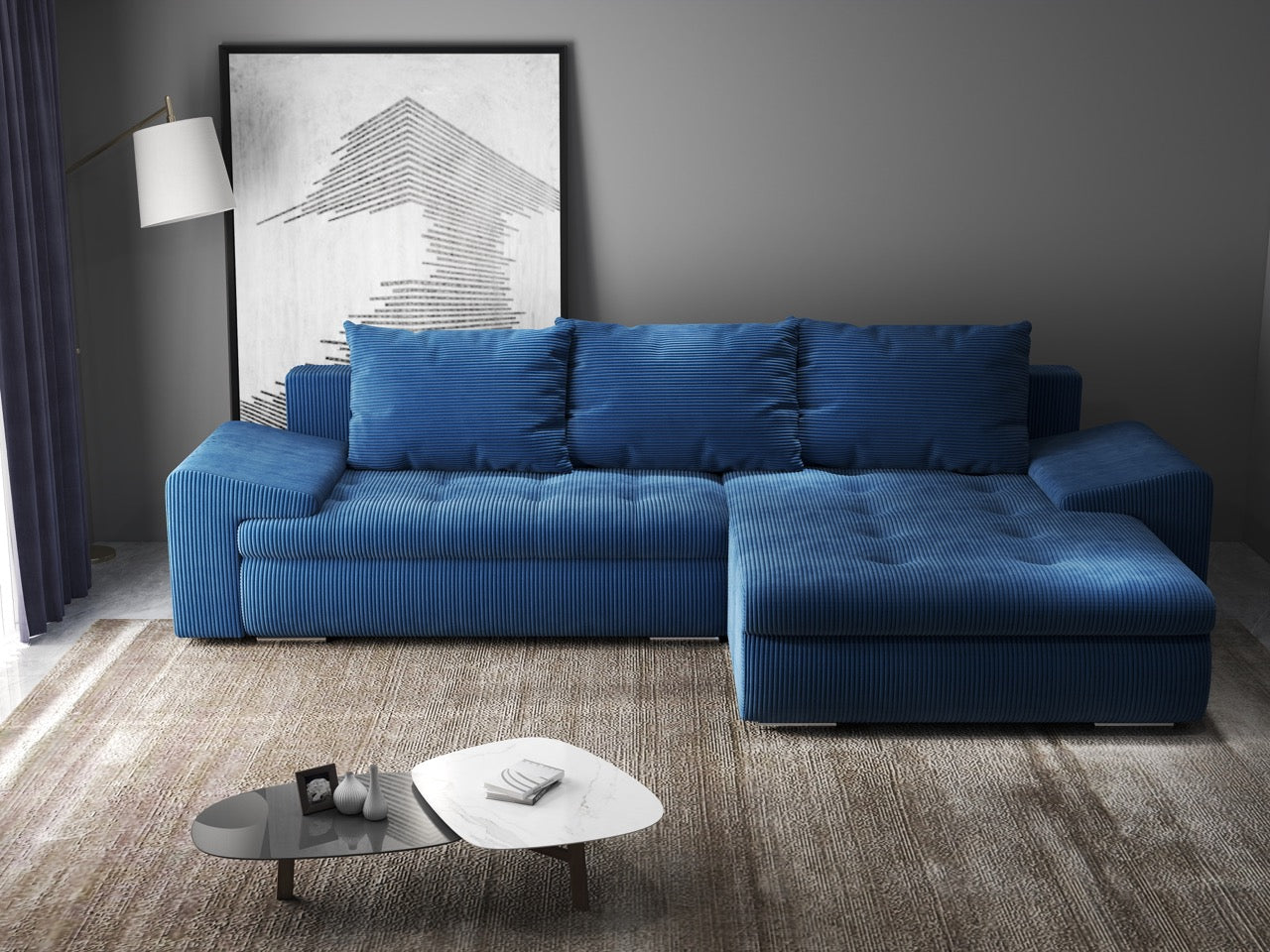 Colțar extensibil dumonde cu ladă de depozitare si sezut confortabil din spuma HR, Leonardo Zoom Albastru 260x185 cm II Fabrica