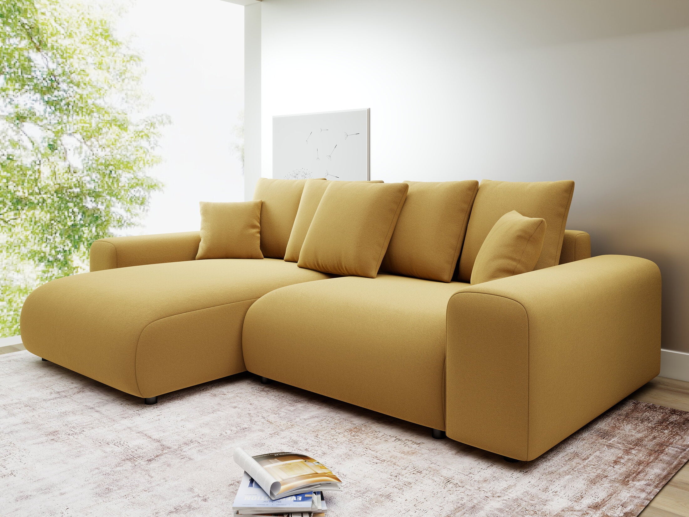 Colțar extensibil dumonde cu ladă de depozitare și șezut confortabil din spumă HR, Luma Royal Mustar 255x168 cm