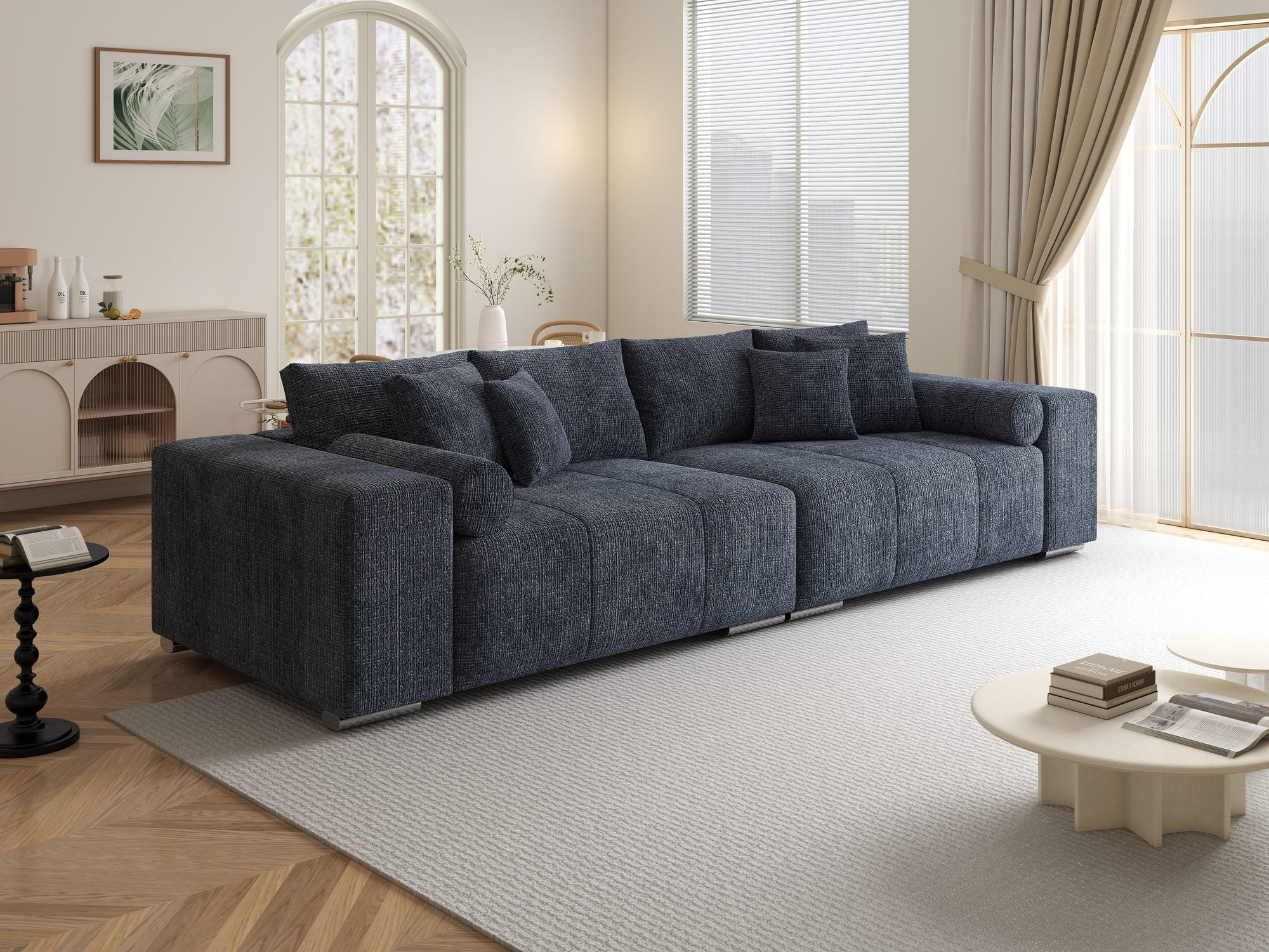 Canapea extensibilă dumonde cu ladă de depozitare si sezut confortabil din spuma high-density, Marbela XXL Cremona Albastru 79 290x100 cm