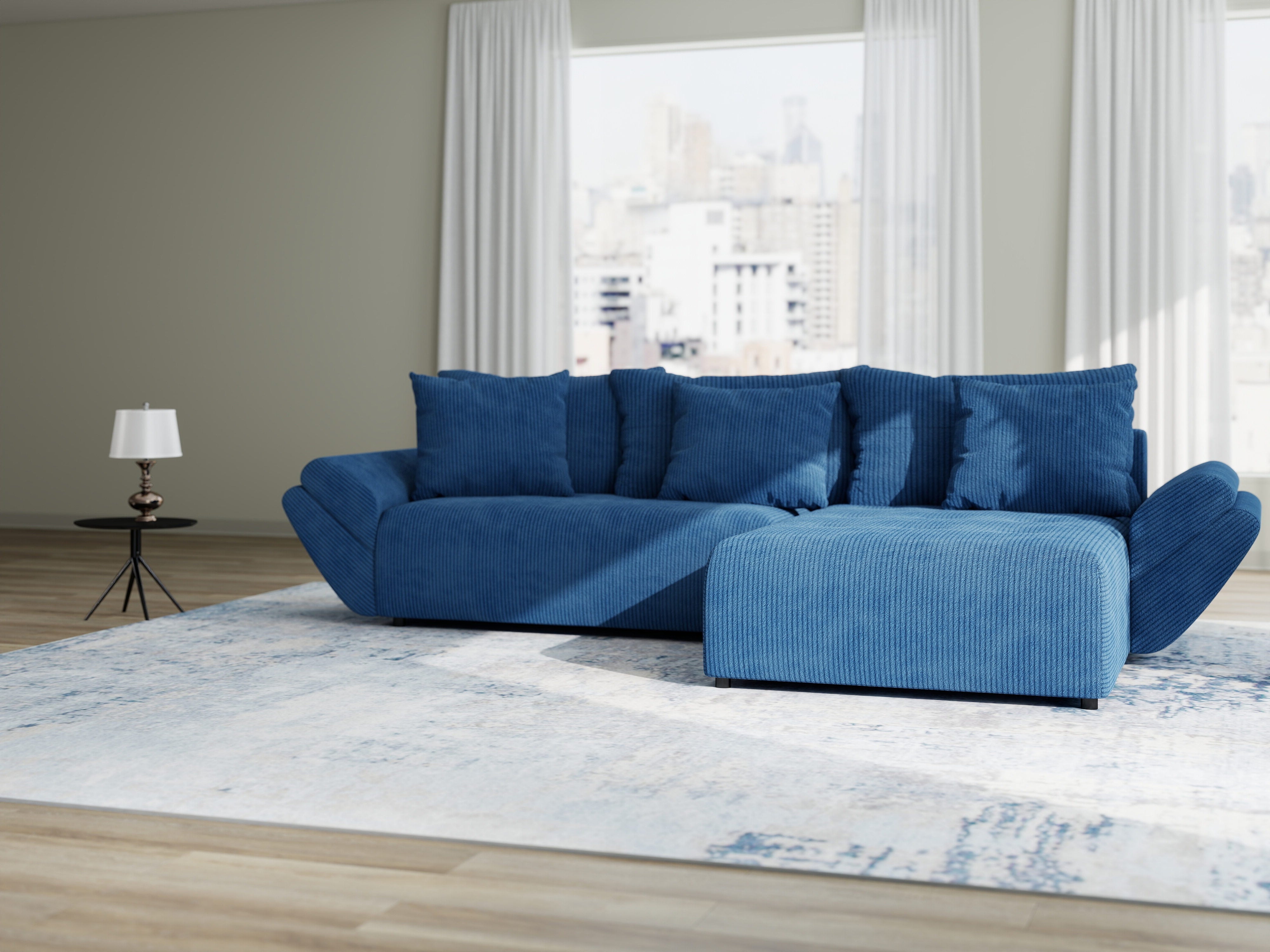 Colțar extensibil dumonde cu ladă de depozitare si sezut confortabil din spuma HR, Berlin Zoom Albastru 280x185 cm II