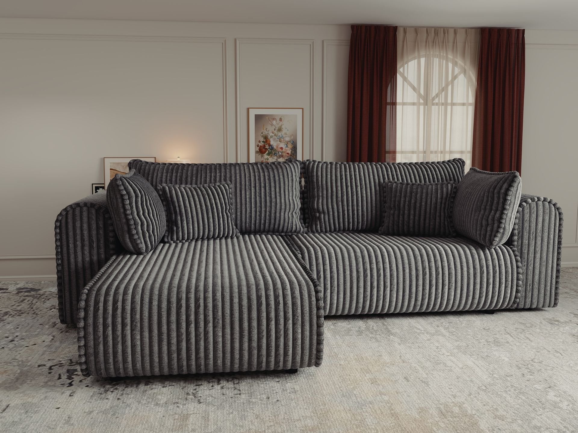 Colțar extensibil dumonde cu ladă de depozitare si sezut confortabil din spuma high-density, Monaco L Tilia Grafit 270x100 cm