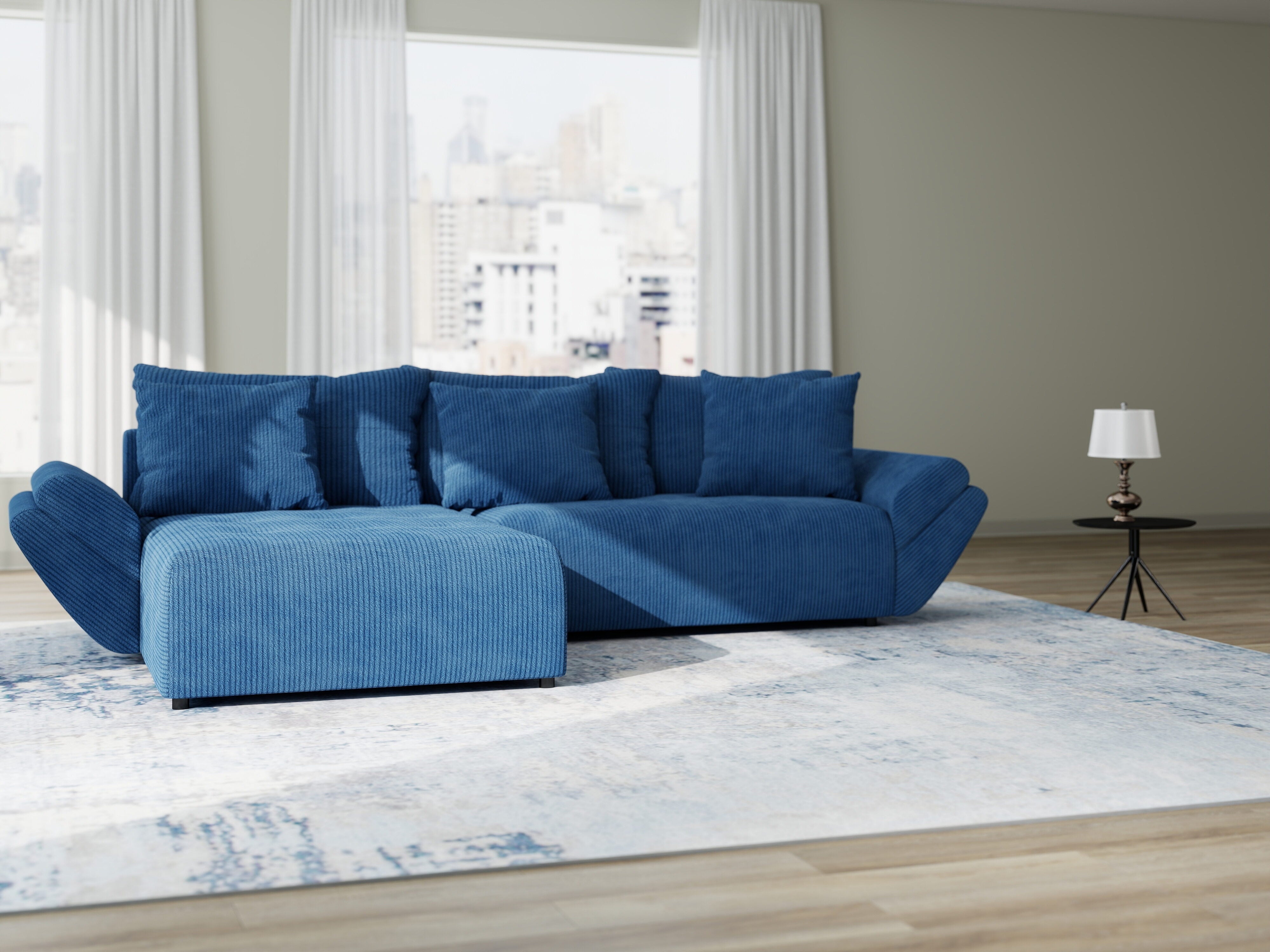 Colțar extensibil dumonde cu ladă de depozitare si sezut confortabil din spuma HR, Berlin Zoom Albastru 280x185 cm