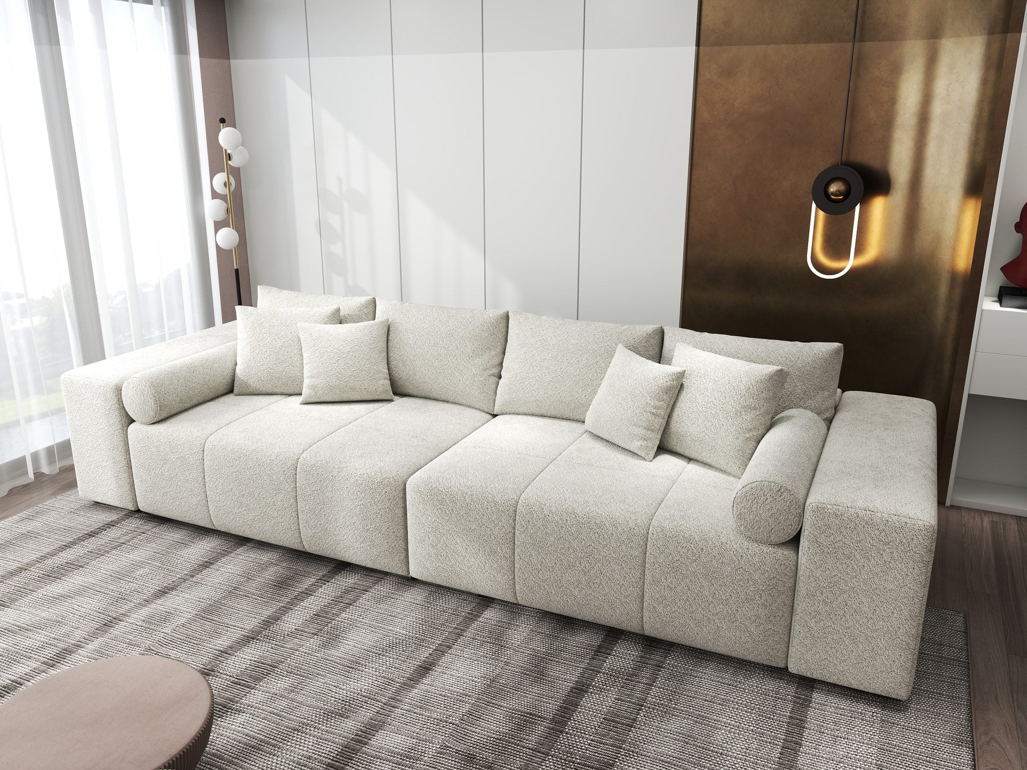 Canapea extensibilă dumonde cu ladă de depozitare si sezut confortabil din spuma high-density, Marbela XXL Arena Bej 20 290x100 cm