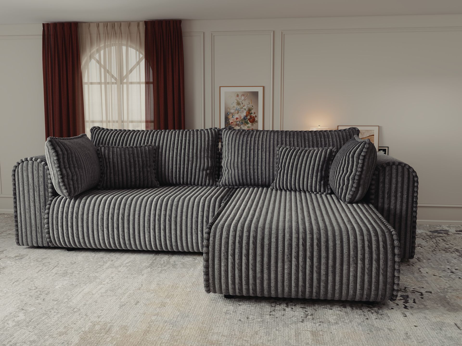 Colțar extensibil dumonde cu ladă de depozitare si sezut confortabil din spuma high-density, Monaco L Tilia Grafit II 270x100 cm