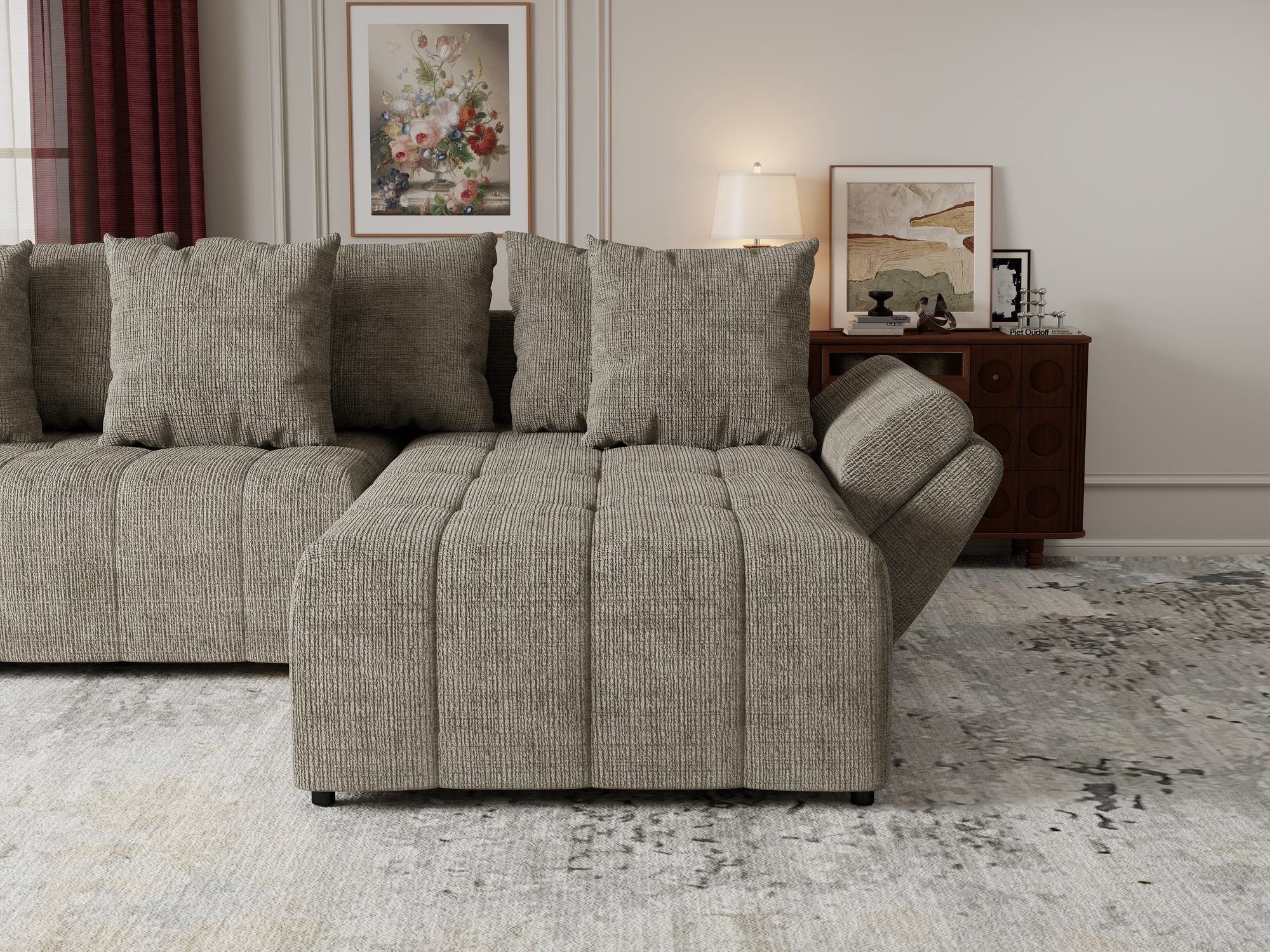 Colțar extensibil dumonde cu ladă de depozitare si sezut confortabil din spuma high-density, Berlin Cremona Bej 14 II 280x185 cm