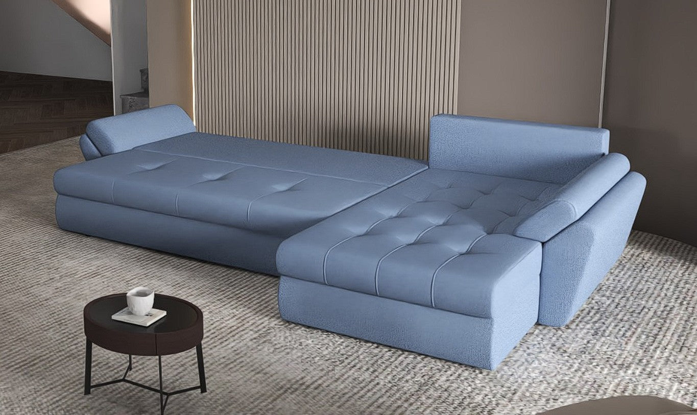 Colțar extensibil dumonde cu ladă de depozitare si sezut confortabil din spuma HR, Loana XL Enjoy Albastru 335x185 cm Fabrica