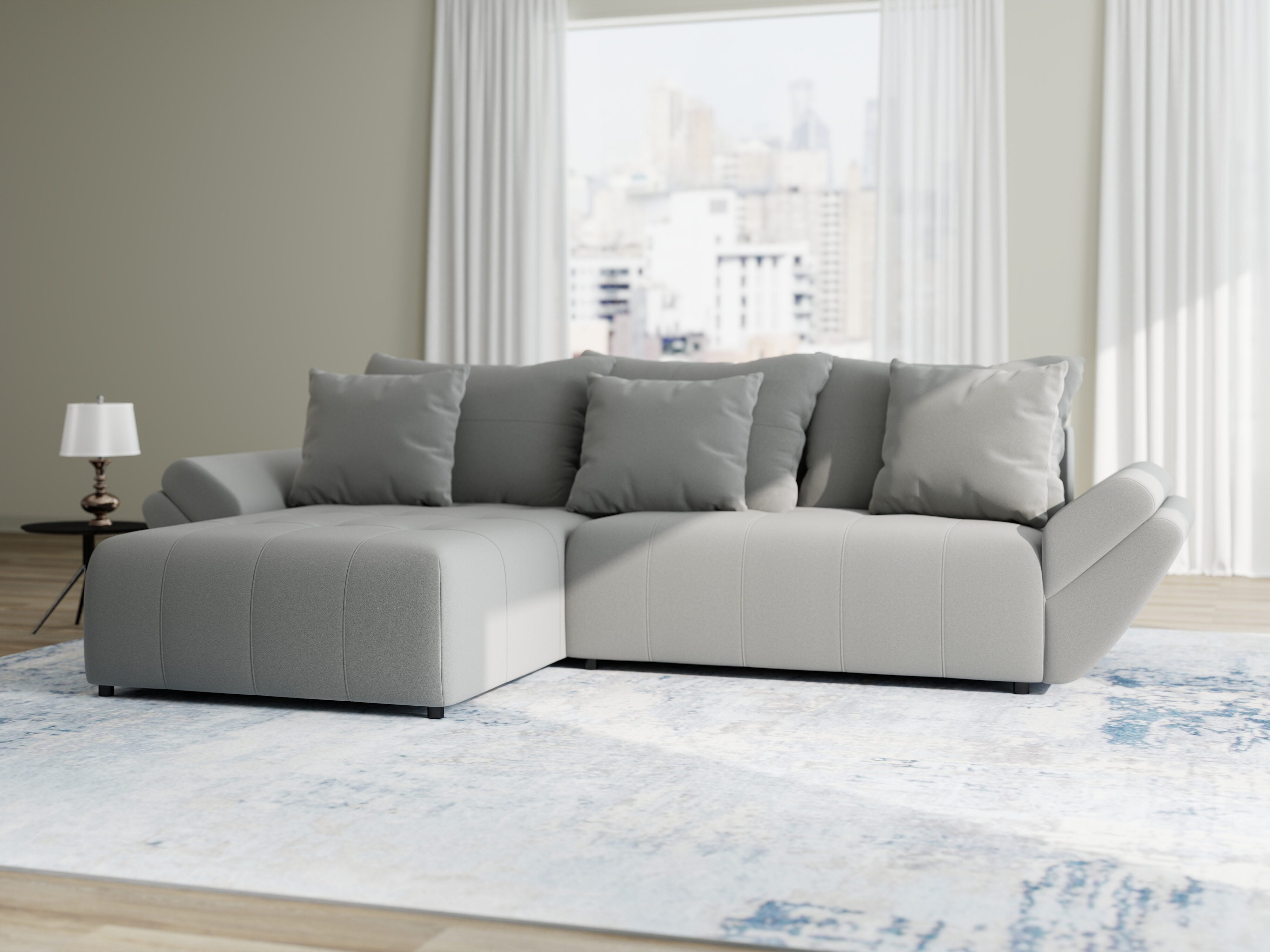 Colțar extensibil dumonde cu ladă de depozitare si sezut confortabil din spuma HR, Berlin Royal Gri 280x185 cm