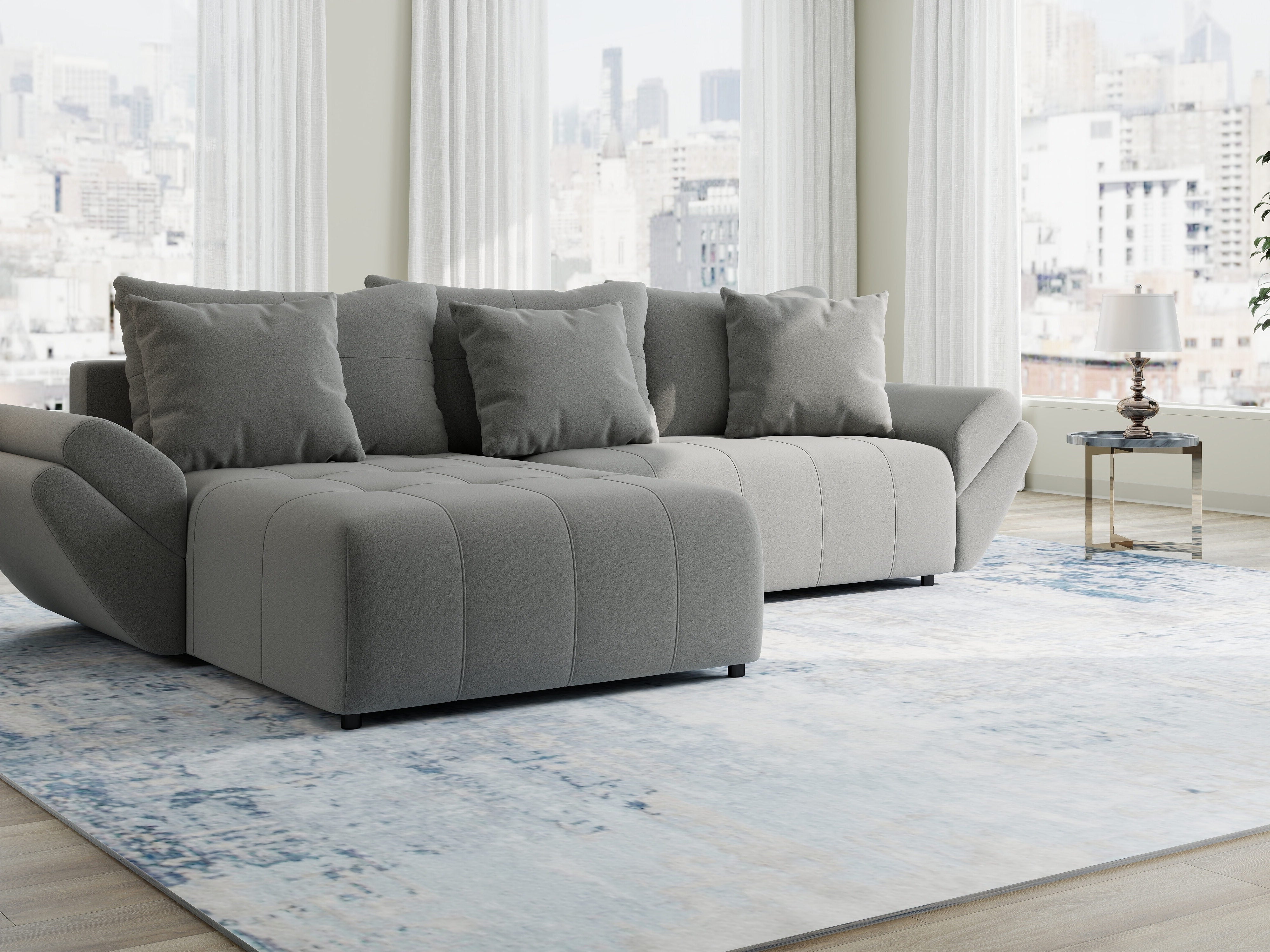 Colțar extensibil dumonde cu ladă de depozitare si sezut confortabil din spuma HR, Berlin Royal Gri 280x185 cm