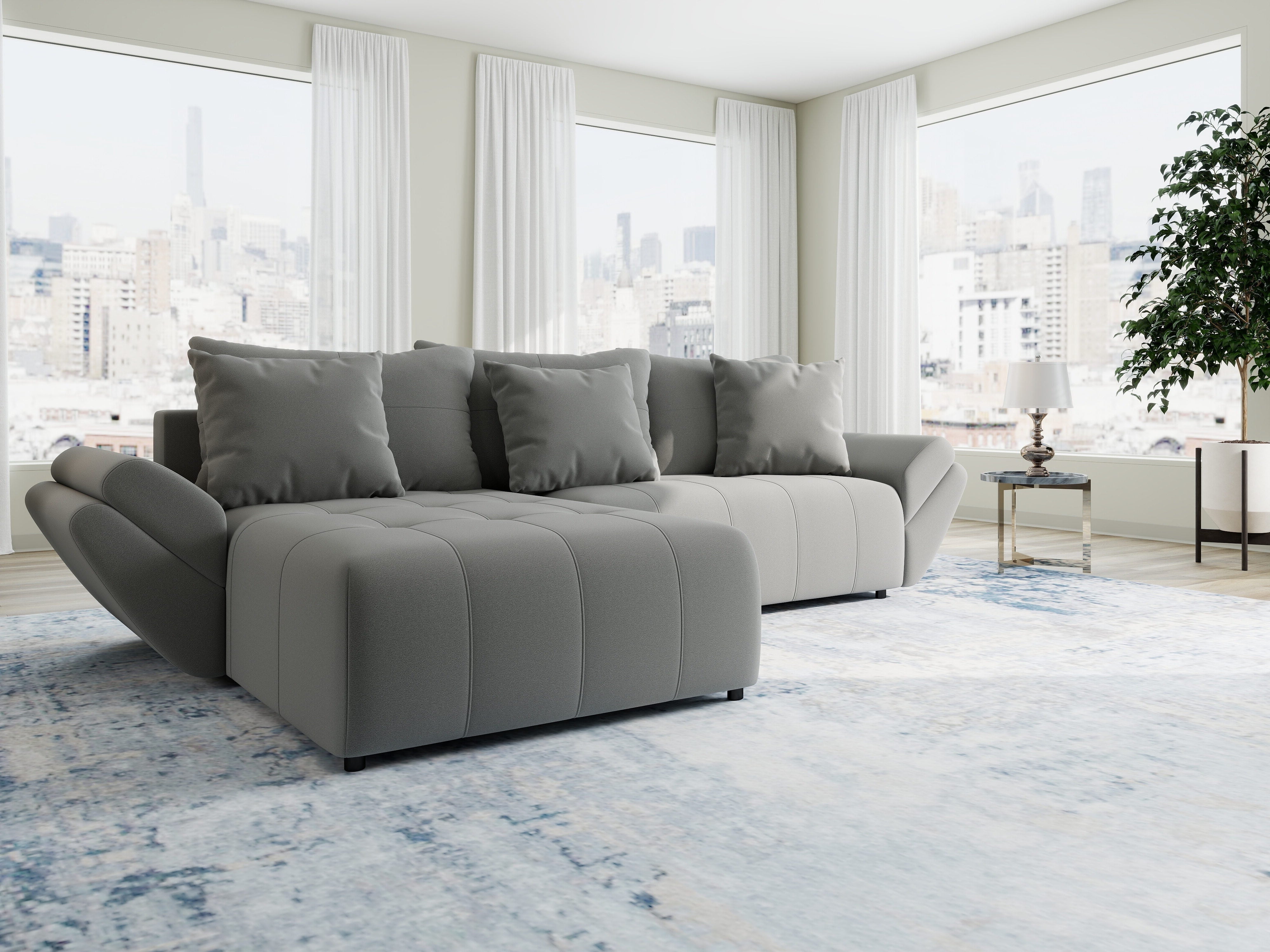 Colțar extensibil dumonde cu ladă de depozitare si sezut confortabil din spuma HR, Berlin Royal Gri 280x185 cm