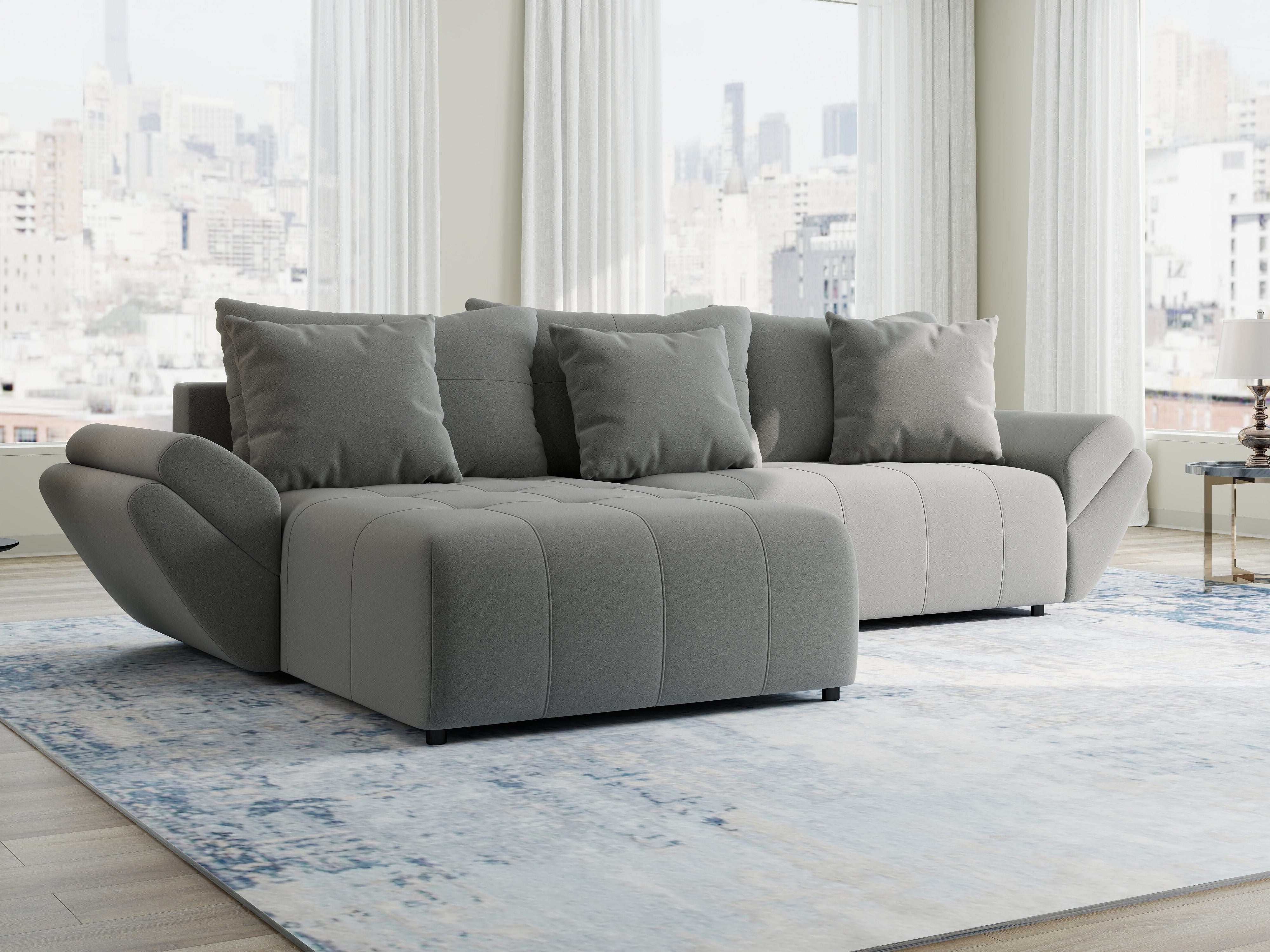 Colțar extensibil dumonde cu ladă de depozitare si sezut confortabil din spuma HR, Berlin Royal Gri 280x185 cm