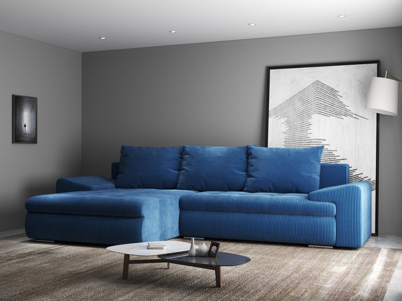 Colțar extensibil dumonde cu ladă de depozitare si sezut confortabil din spuma HR, Leonardo Zoom Albastru 260x185 cm Fabrica