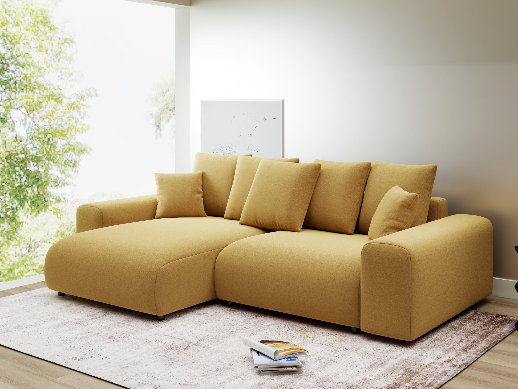 Colțar extensibil dumonde cu ladă de depozitare și șezut confortabil din spumă HR, Luma Royal Mustar 255x168 cm