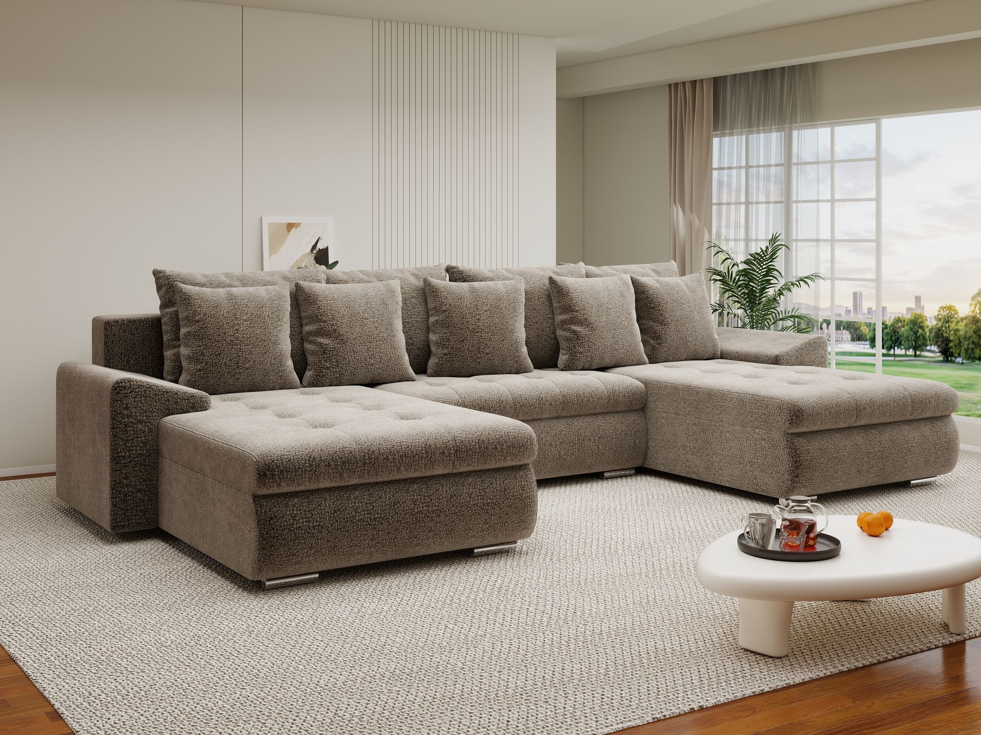 Colțar extensibil dumonde cu ladă de depozitare si sezut confortabil din spuma high-density, Leonardo U Jaguar Maro Cappuccino 08 360x185 cm