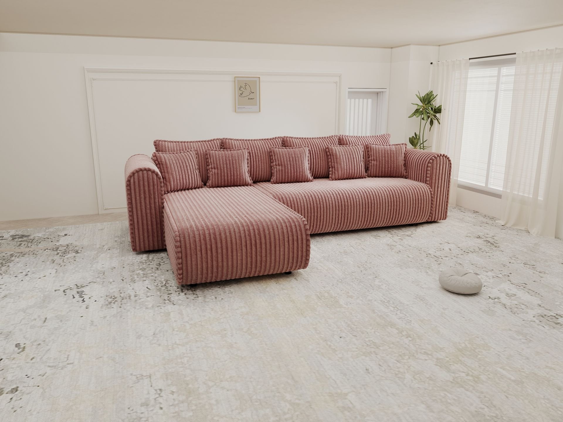 Colțar extensibil dumonde cu ladă de depozitare si sezut confortabil din spuma high-density, Monaco XL Tilia Roz 340x185 cm